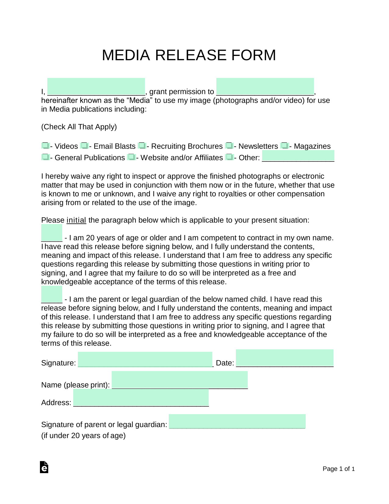MEDIA RELEASE FORM screenshot