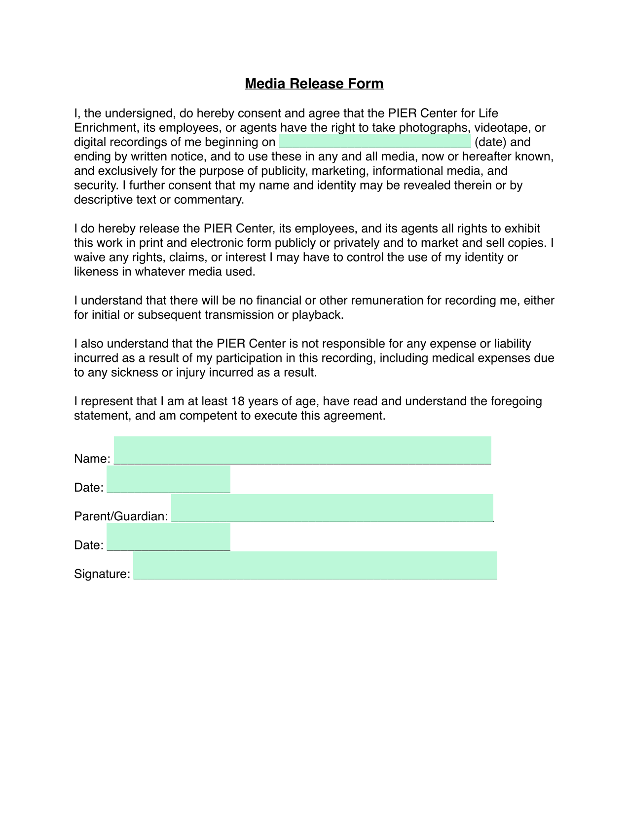Media Release Form screenshot