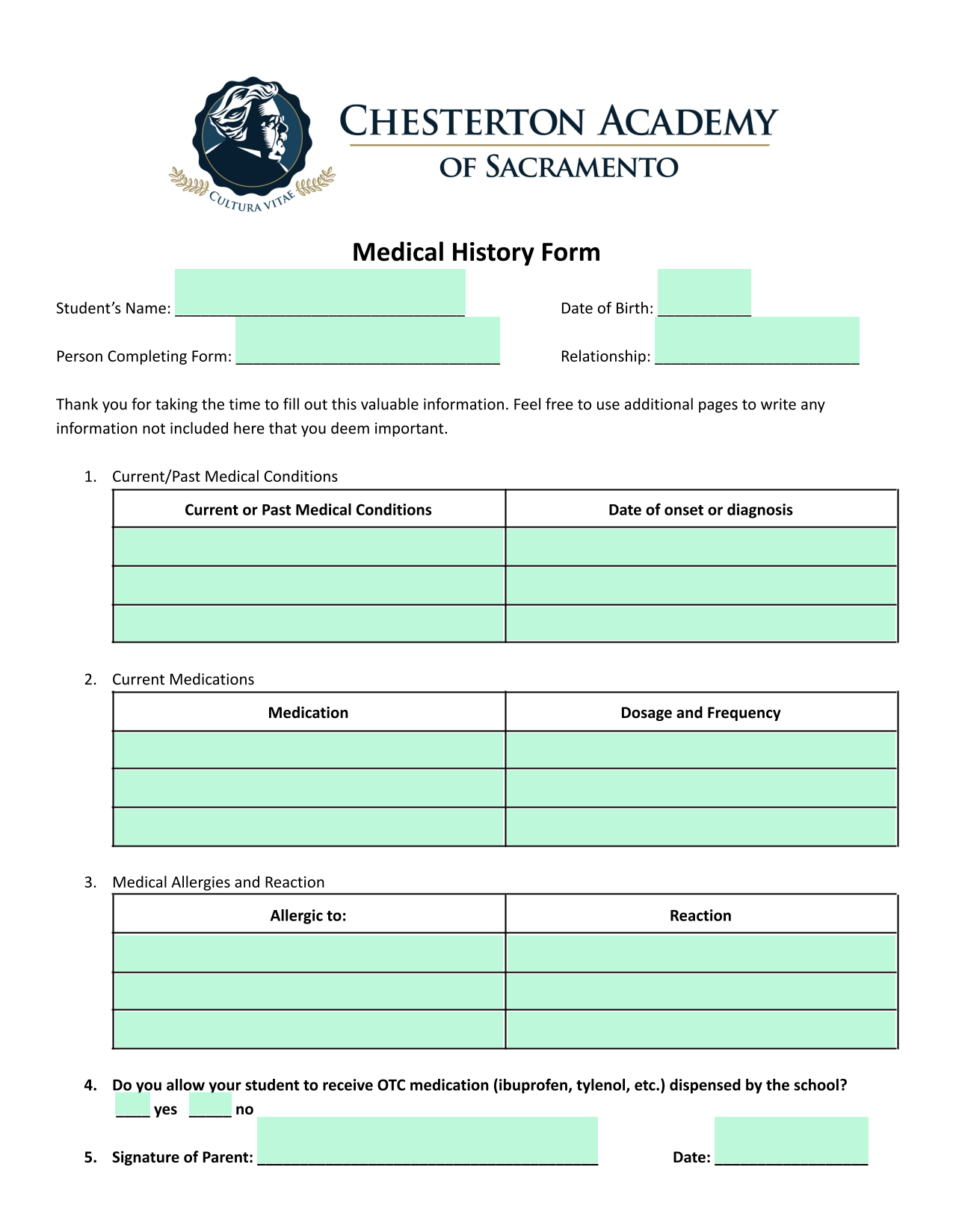 Medical History Form screenshot