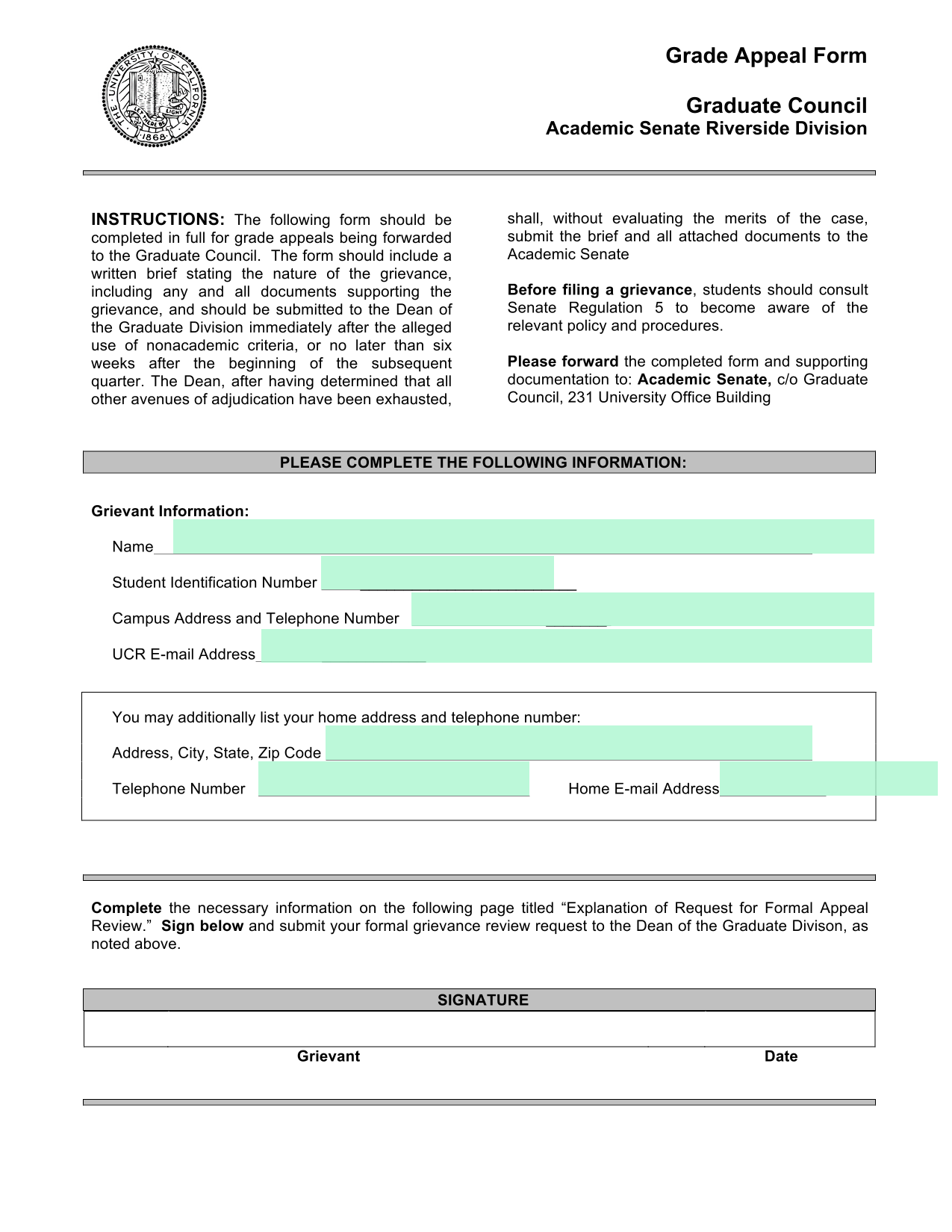 Grade Appeal Form screenshot