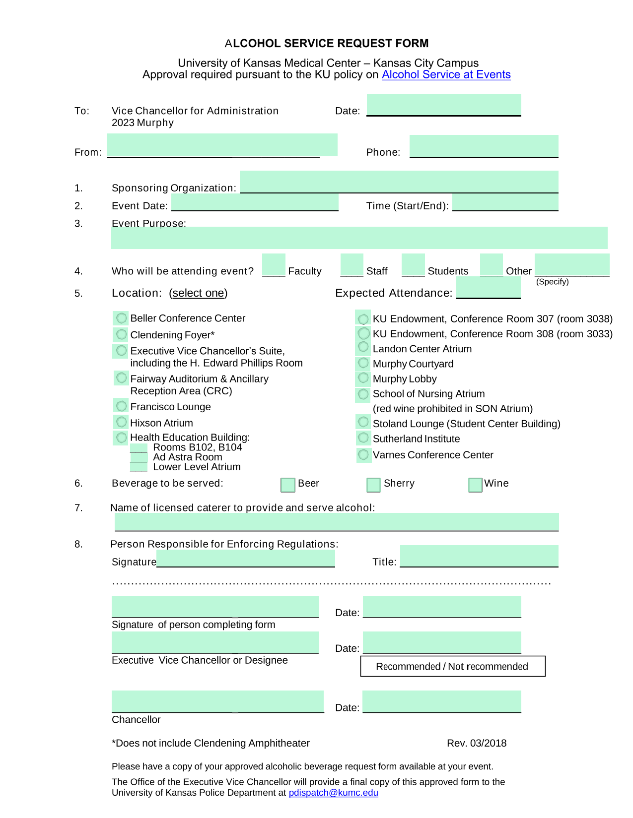 Alcohol Service Request Form screenshot