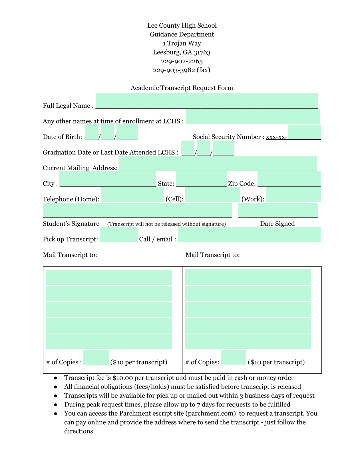 Academic Transcript Request Form screenshot
