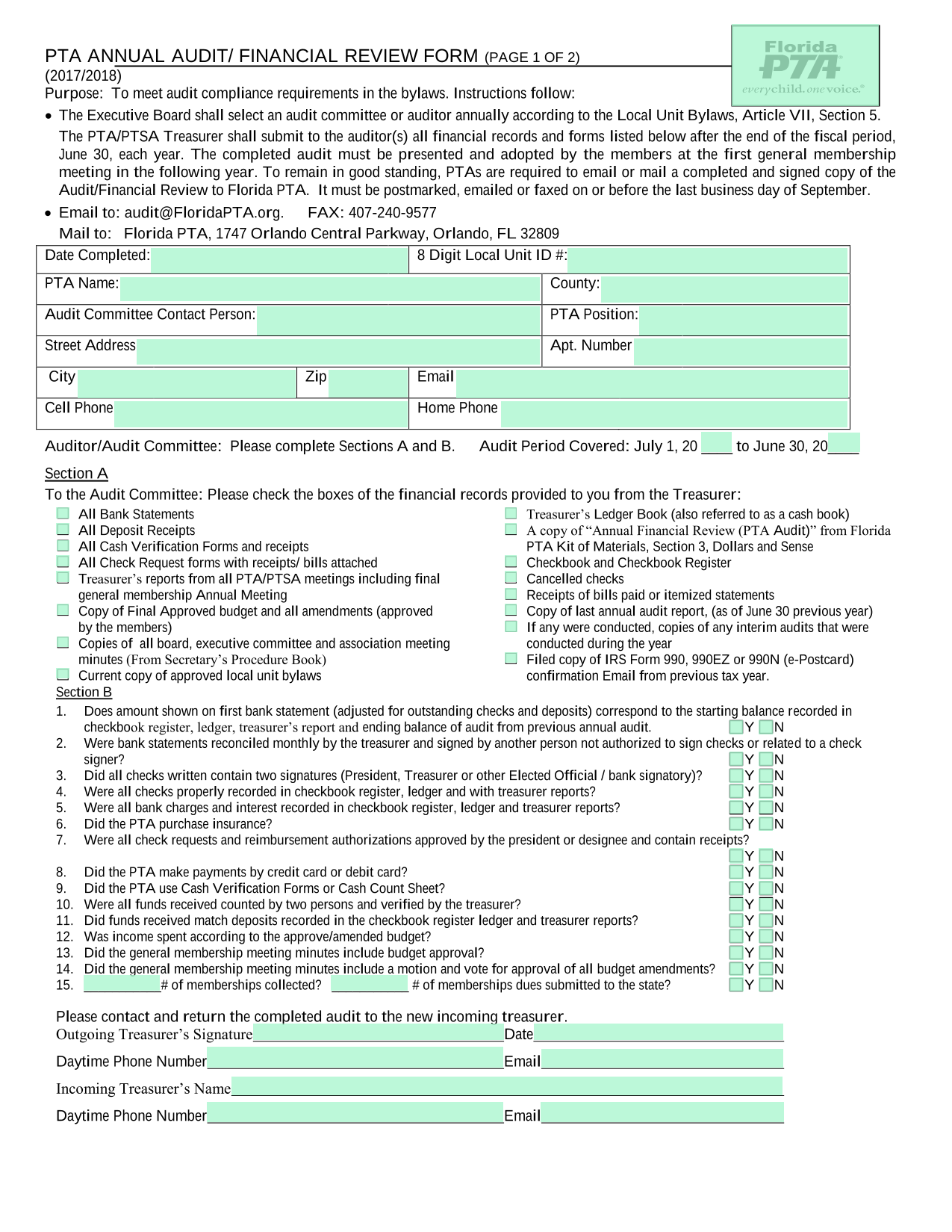 PTA Annual AuditFinancial Review Form screenshot