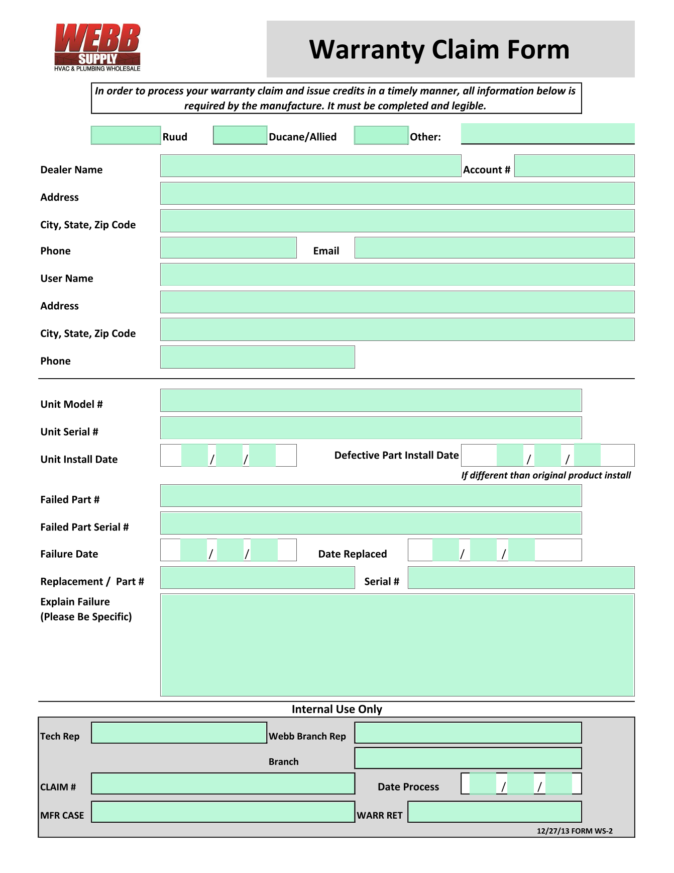 Warranty Claim Form screenshot