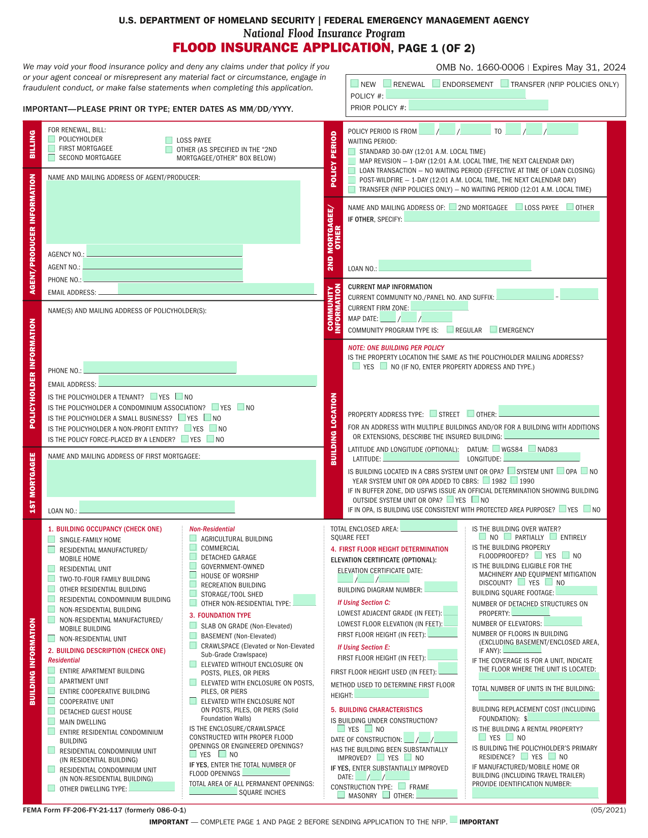Flood Insurance Application (FEMA Form FF 206 FY 21 117) screenshot