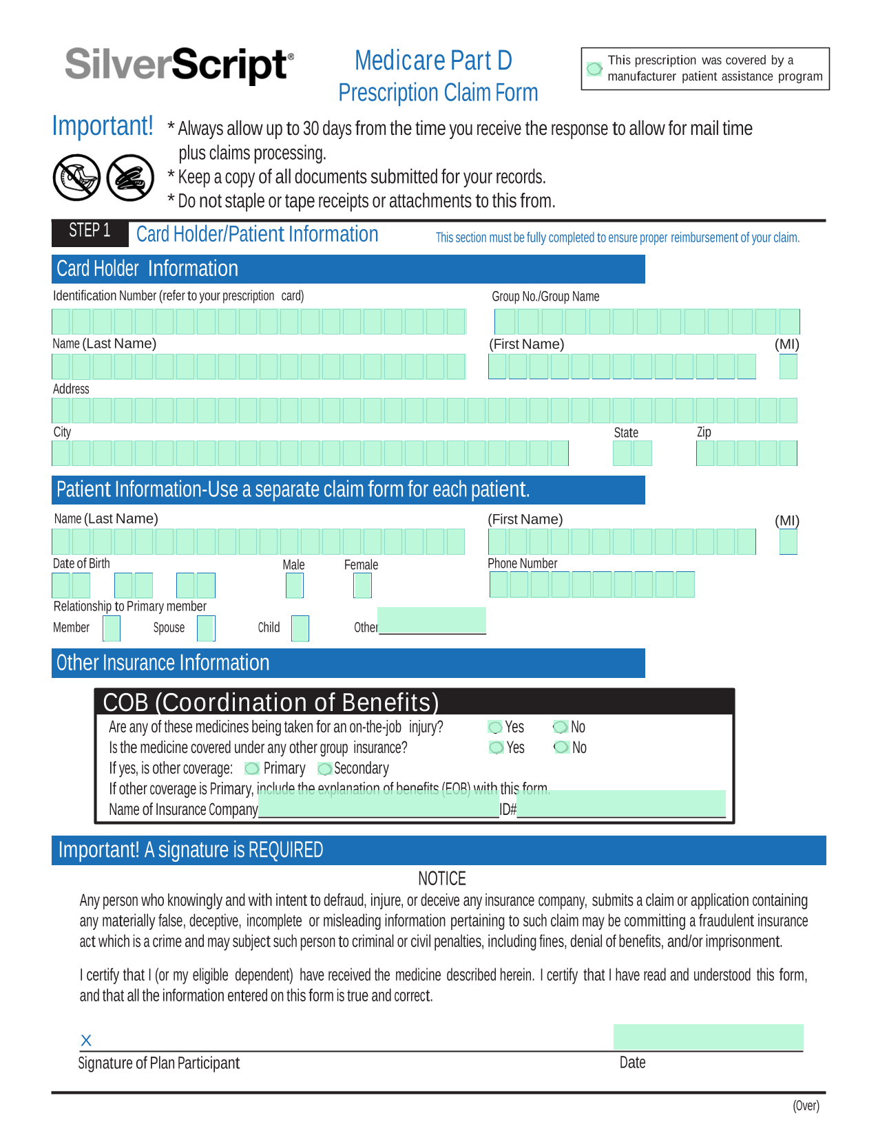Prescription Claim Form screenshot
