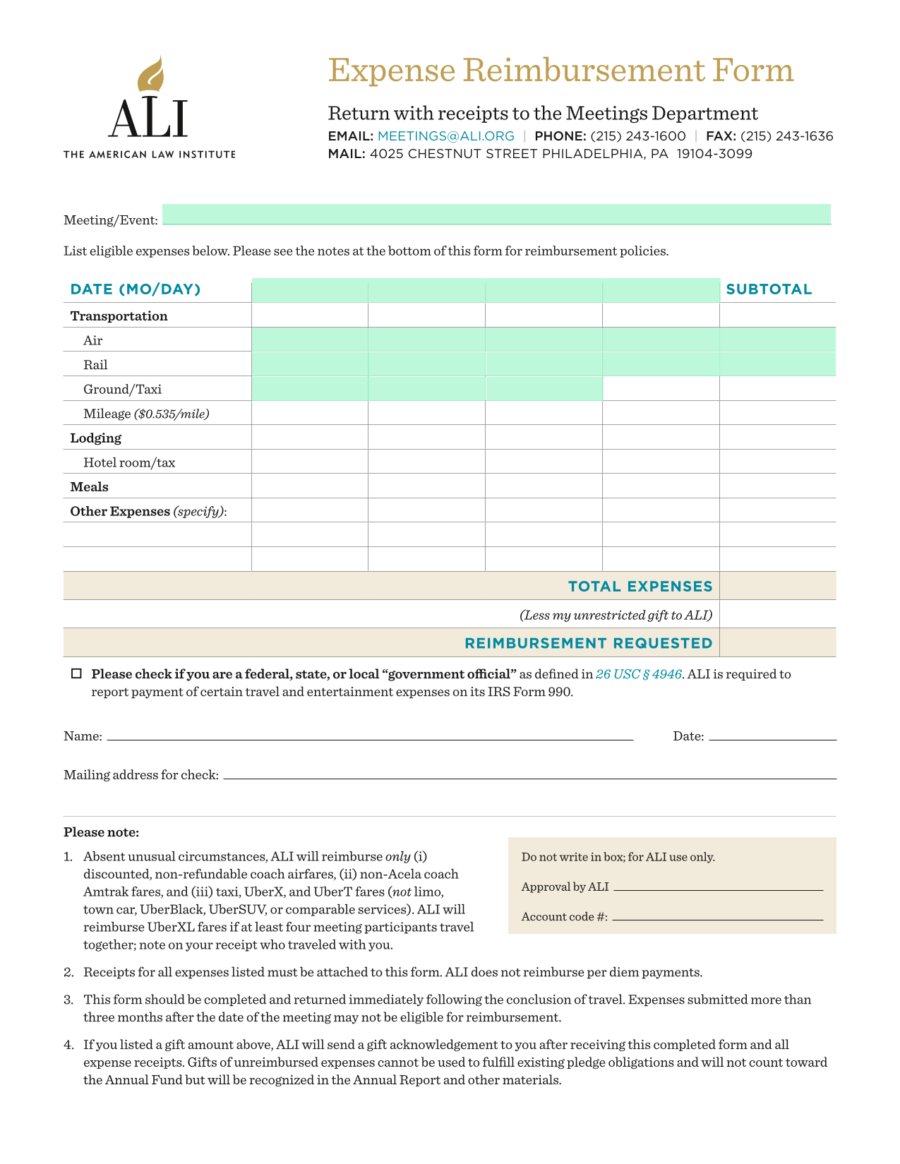 Expense Reimbursement Form screenshot