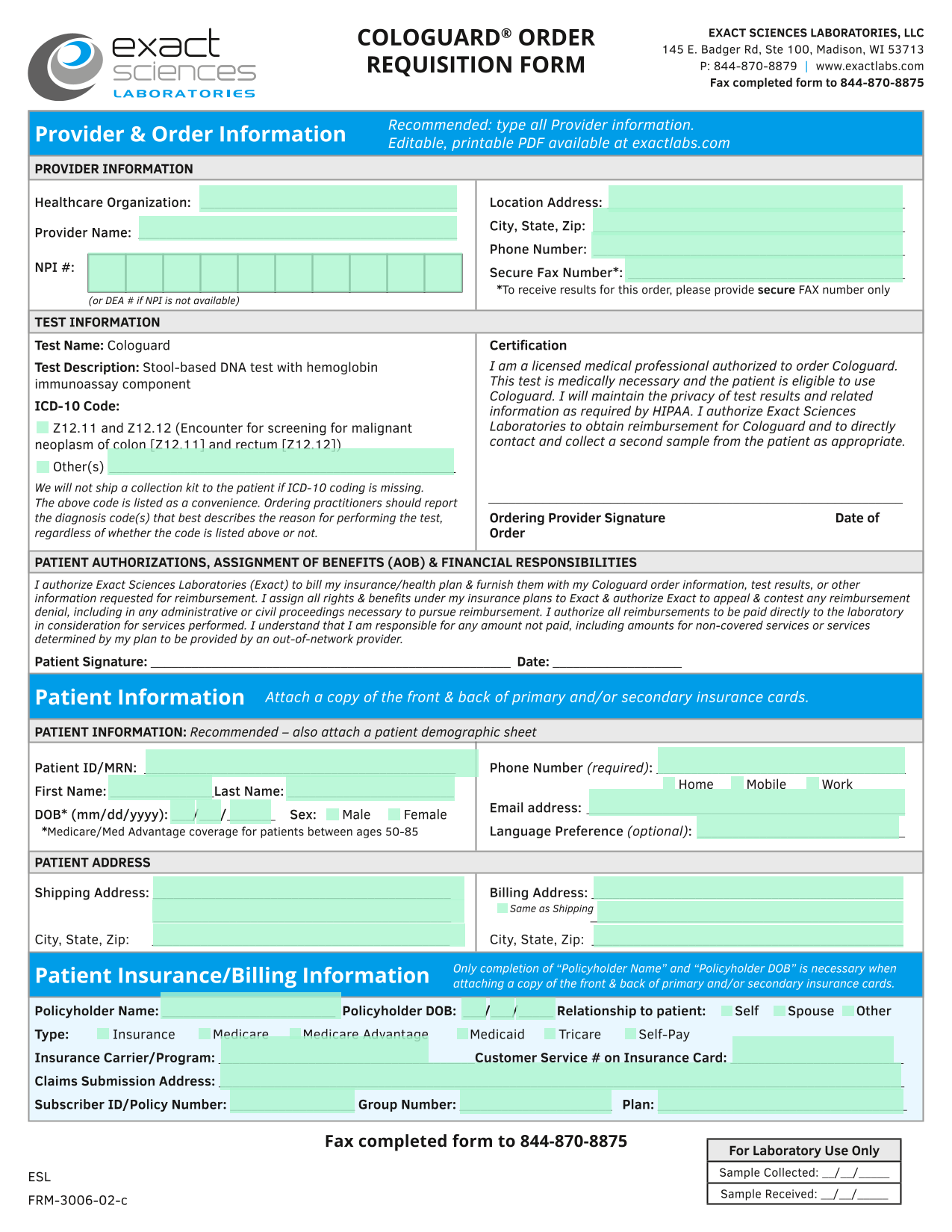 COLOGUARD ORDER REQUISITION FORM screenshot
