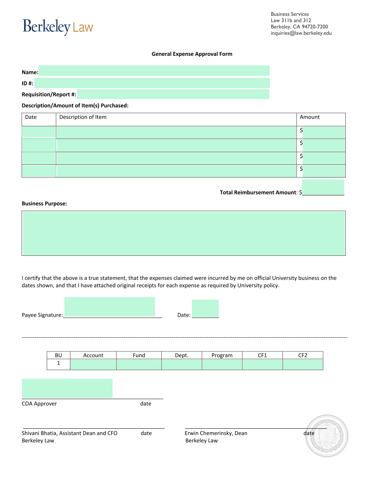 General Expense Approval Form screenshot