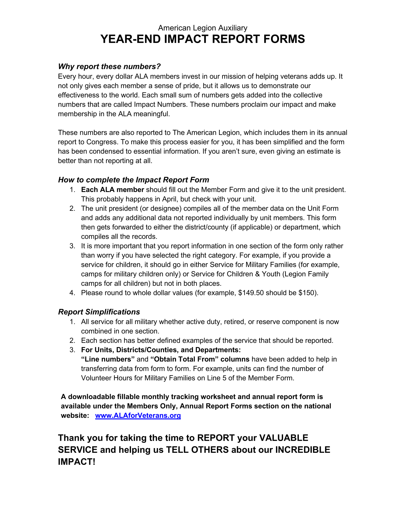 American Legion Auxiliary Year End Impact Report Forms screenshot