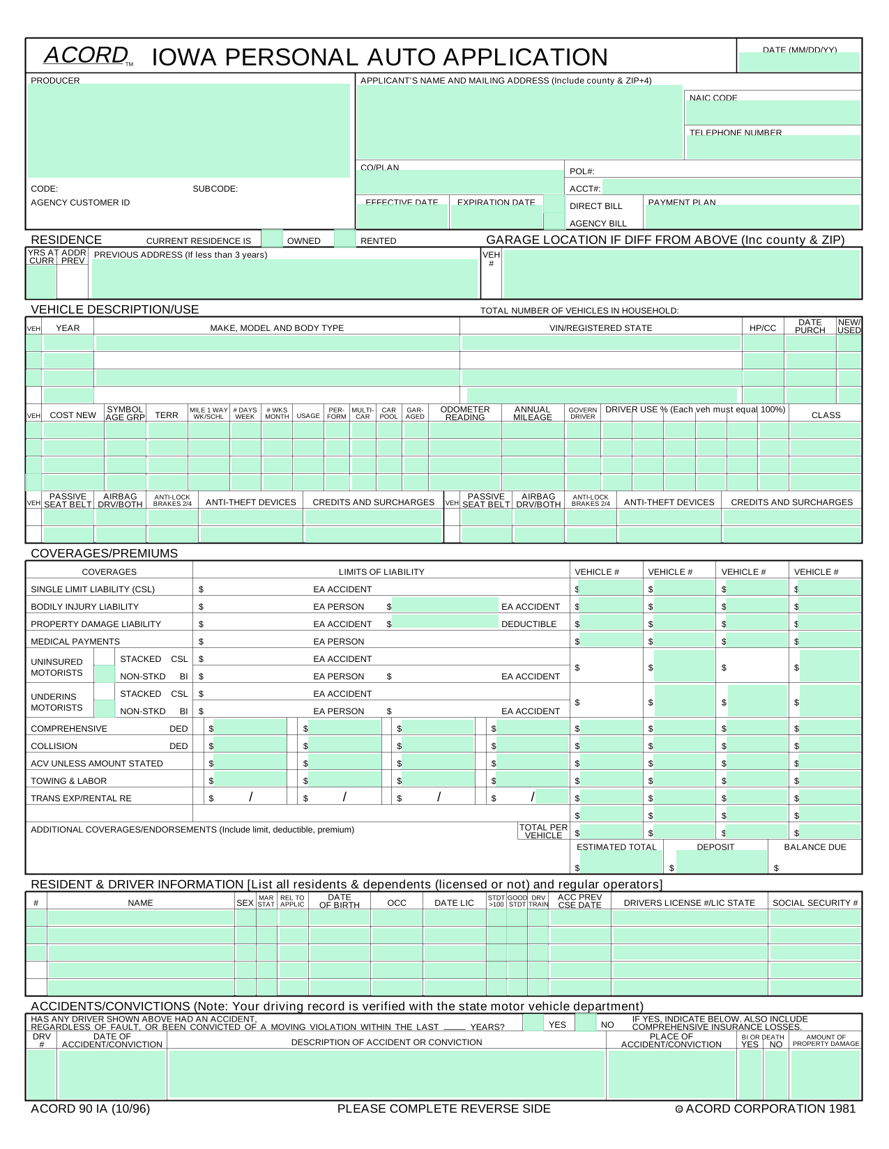 Iowa Personal Auto Application (ACORD 90 IA) screenshot