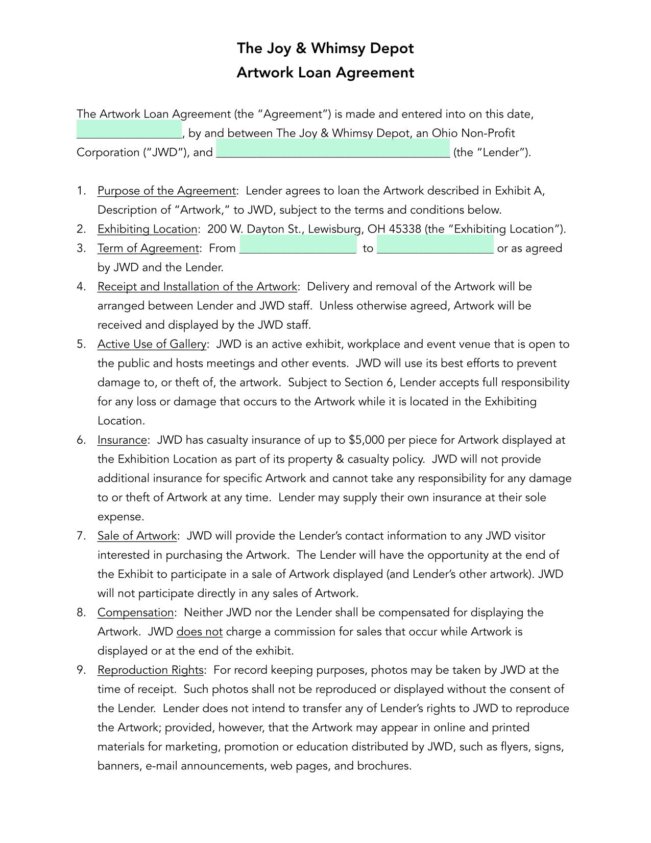 Artwork Loan Agreement screenshot