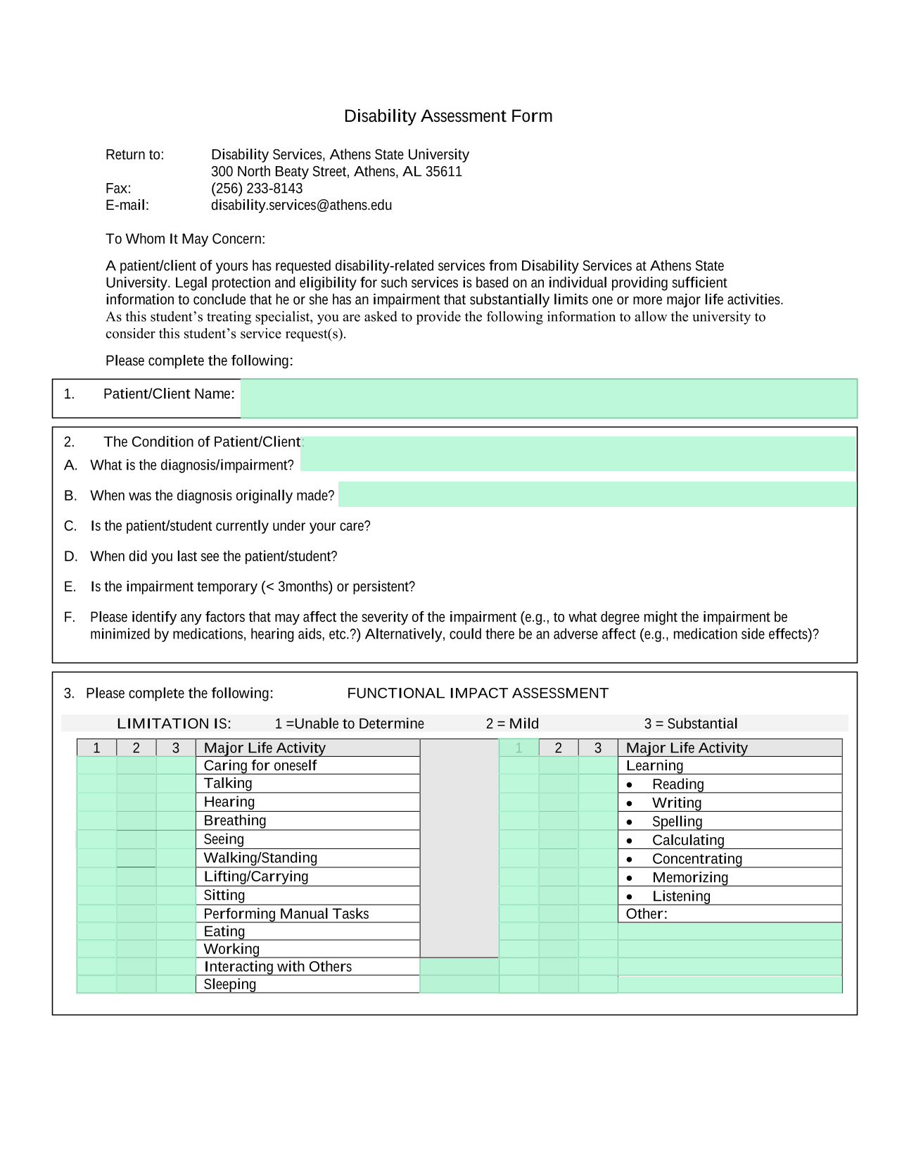 Disability Assessment Form screenshot