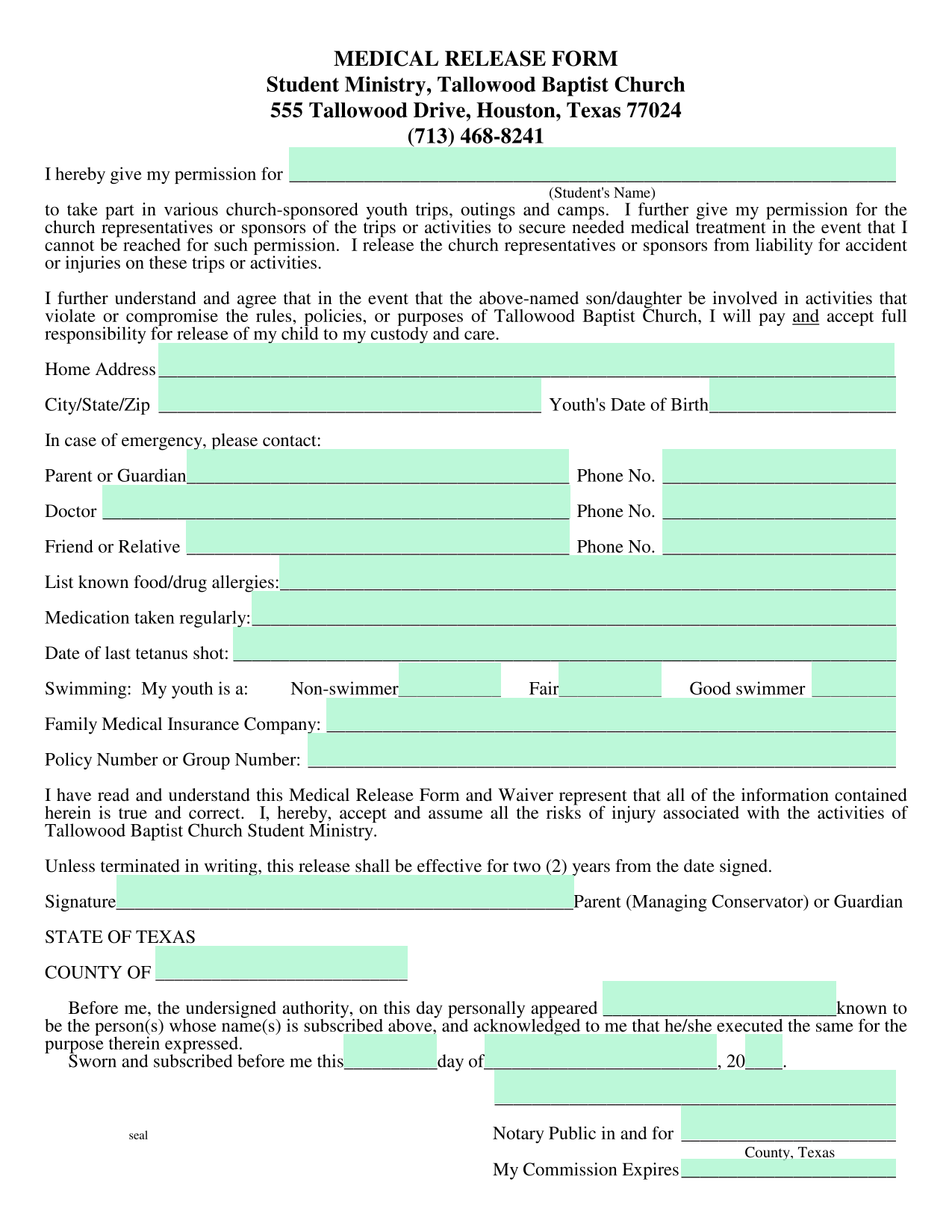 Medical Release Form screenshot