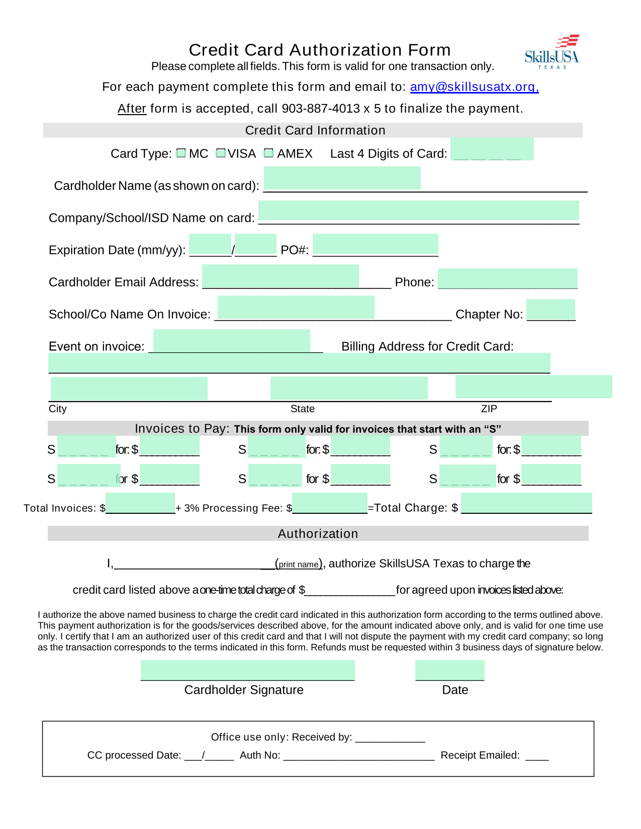 Credit Card Authorization Form screenshot