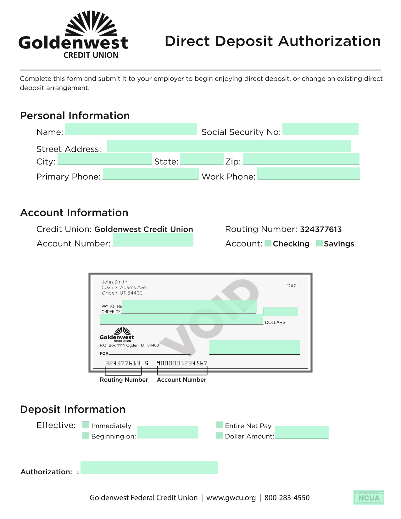 Direct Deposit Authorization screenshot