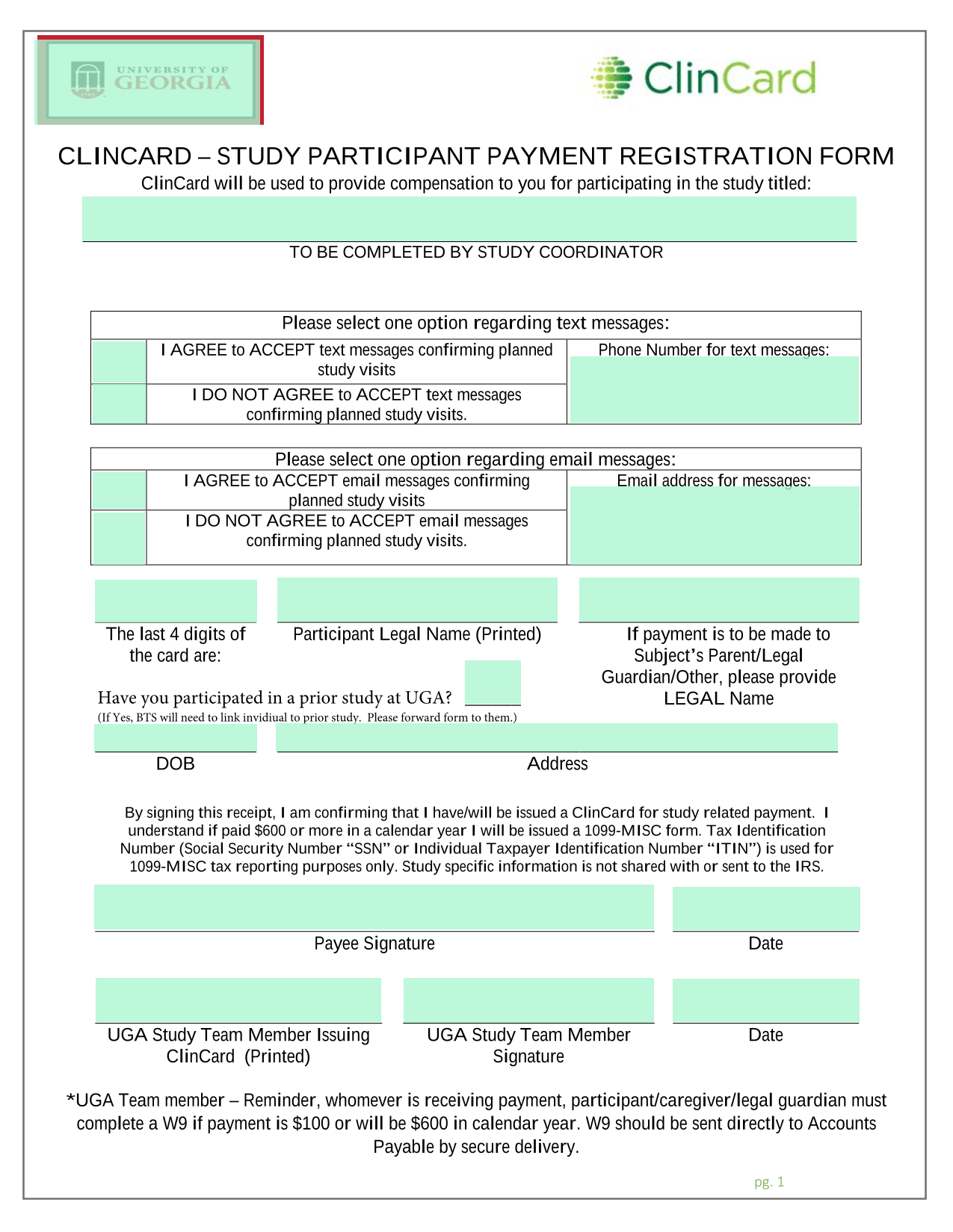 CLINCARD  STUDY PARTICIPANT PAYMENT REGISTRATION FORM screenshot