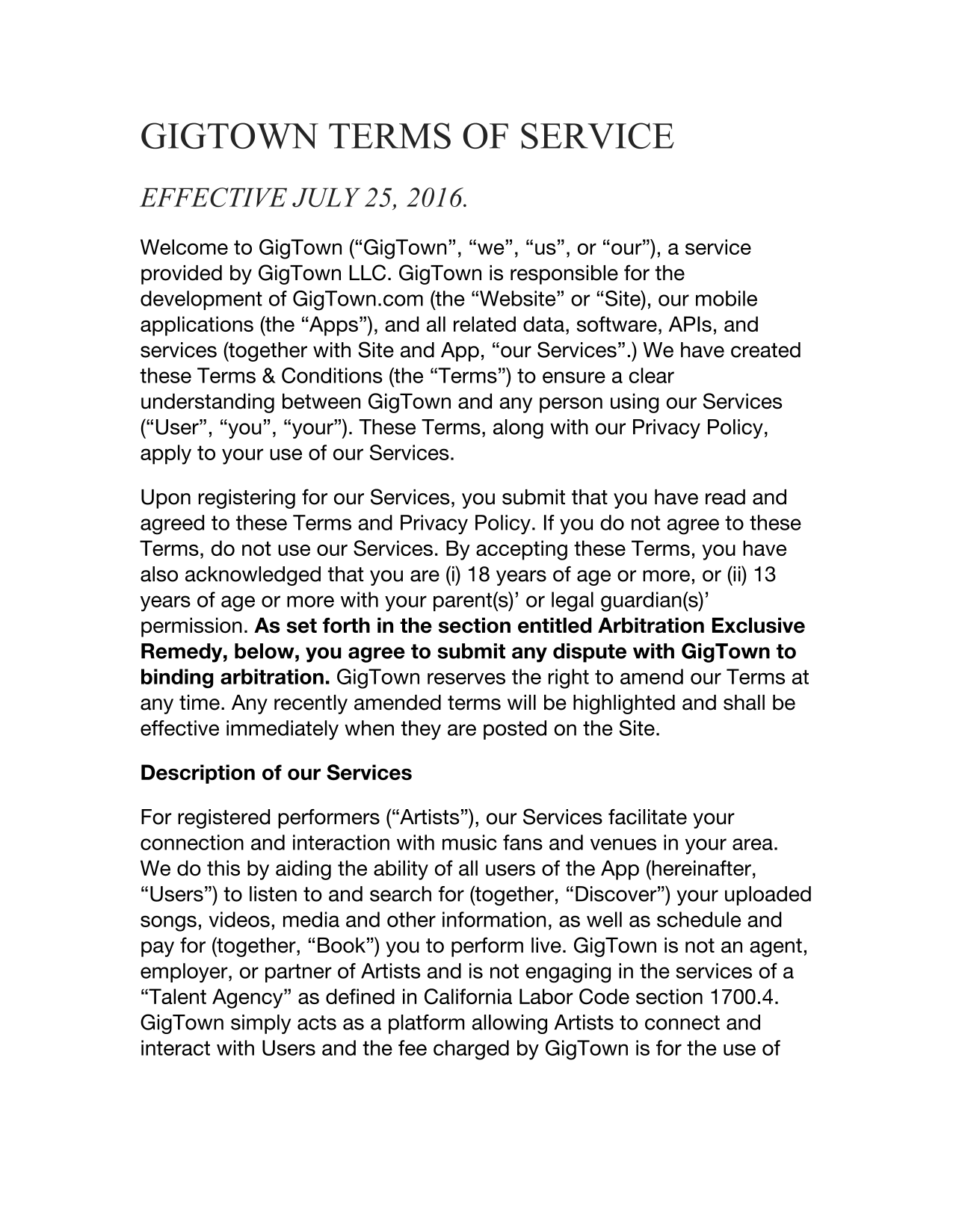 GigTown Terms Of Service screenshot