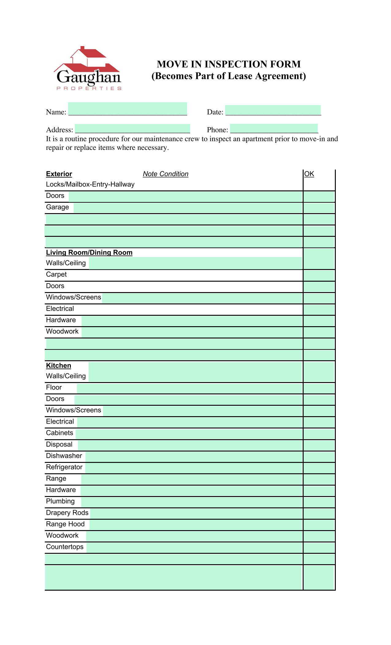 MOVE IN INSPECTION FORM screenshot