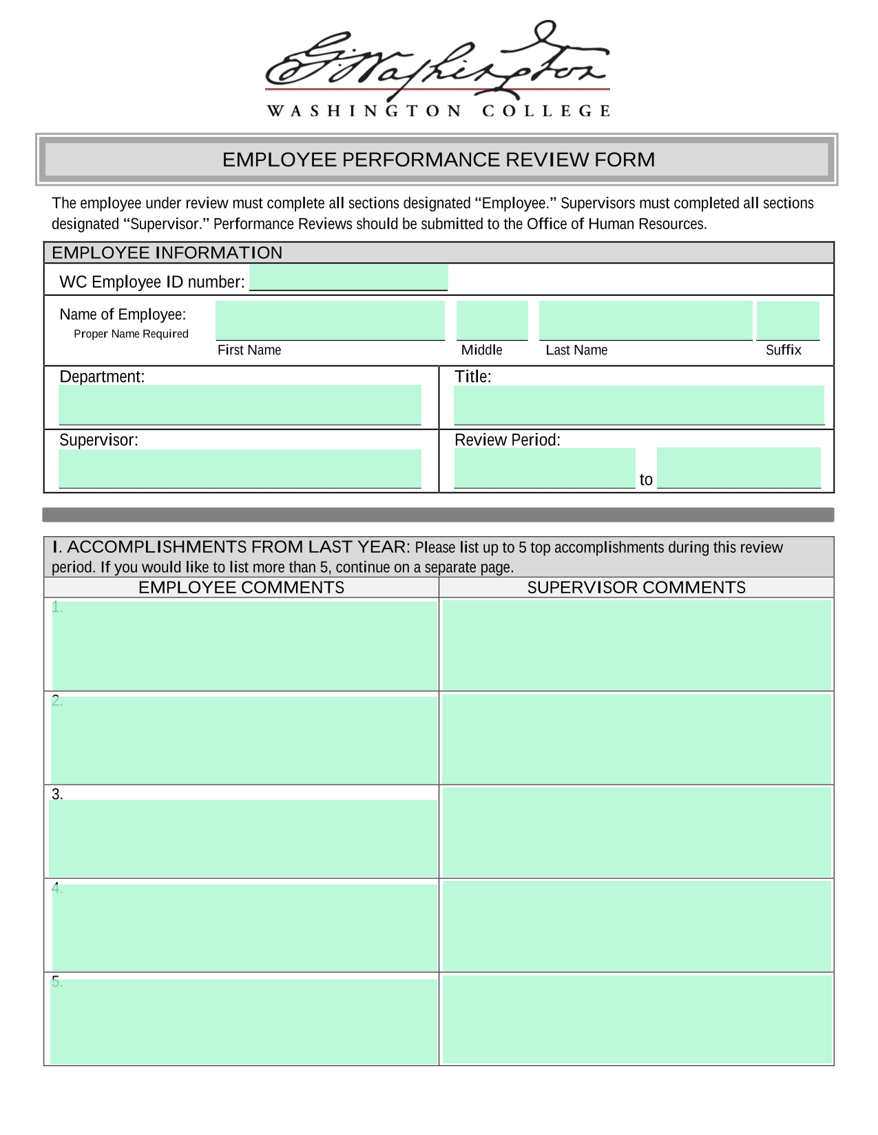 EMPLOYEE PERFORMANCE REVIEW FORM screenshot