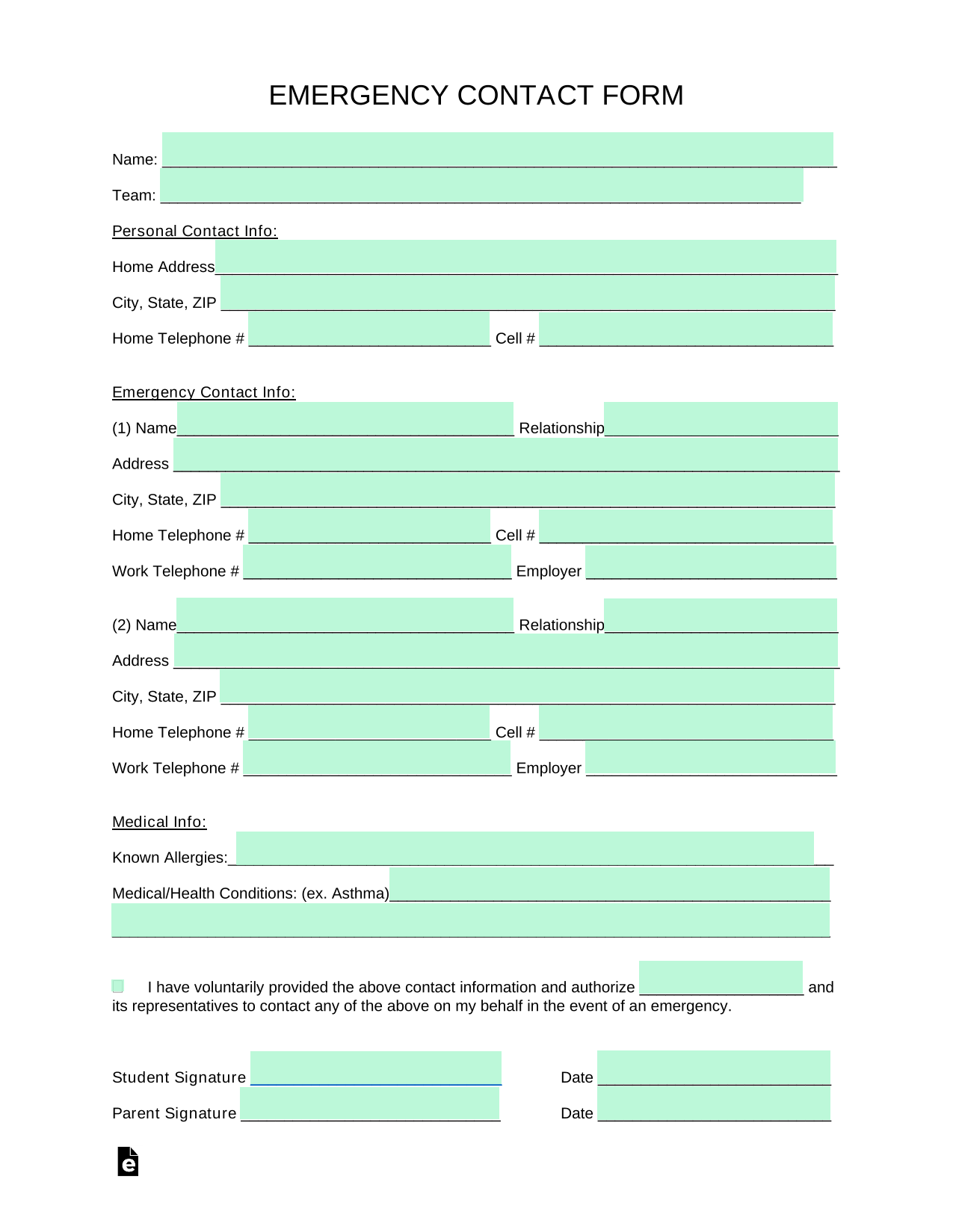 EMERGENCY CONTACT FORM screenshot