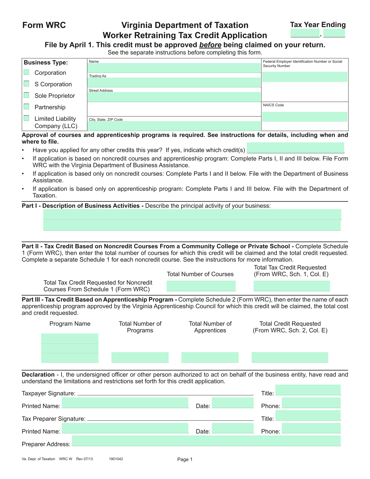 Worker Retraining Tax Credit Application screenshot