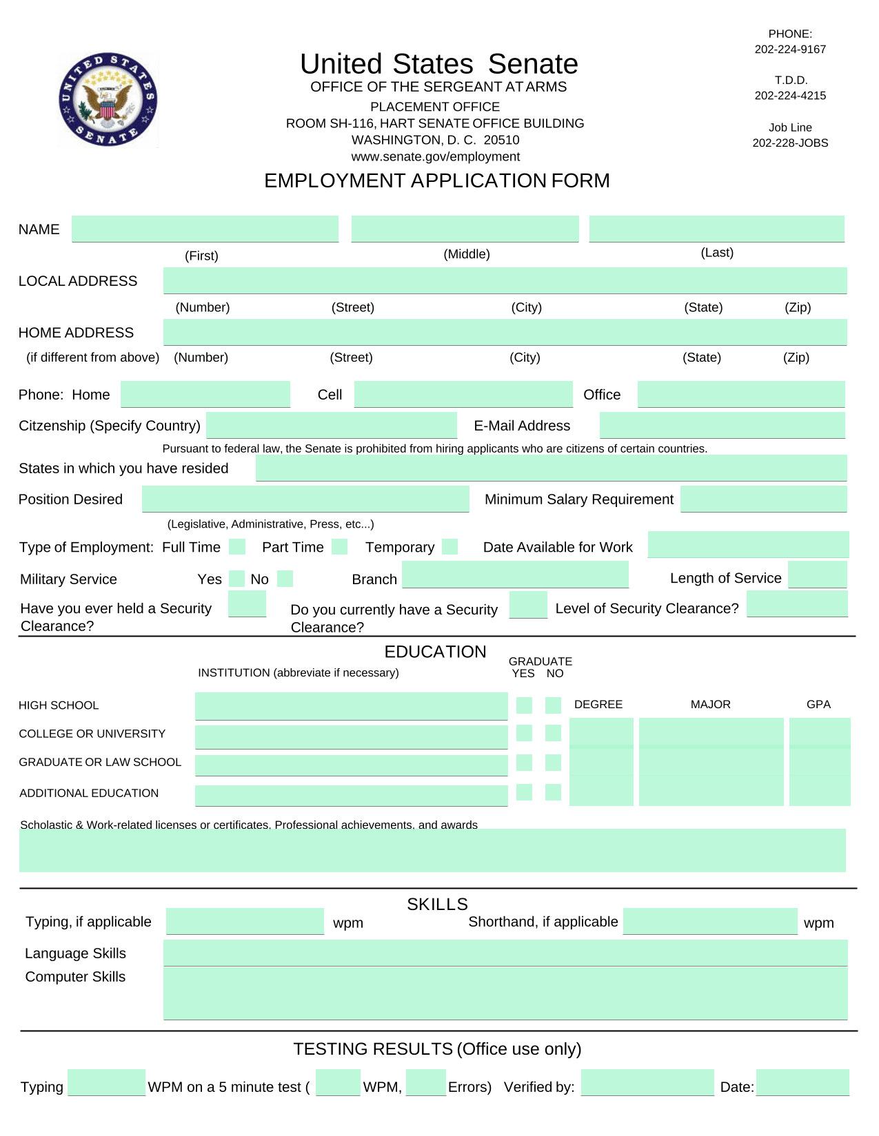 Employment Application Form screenshot