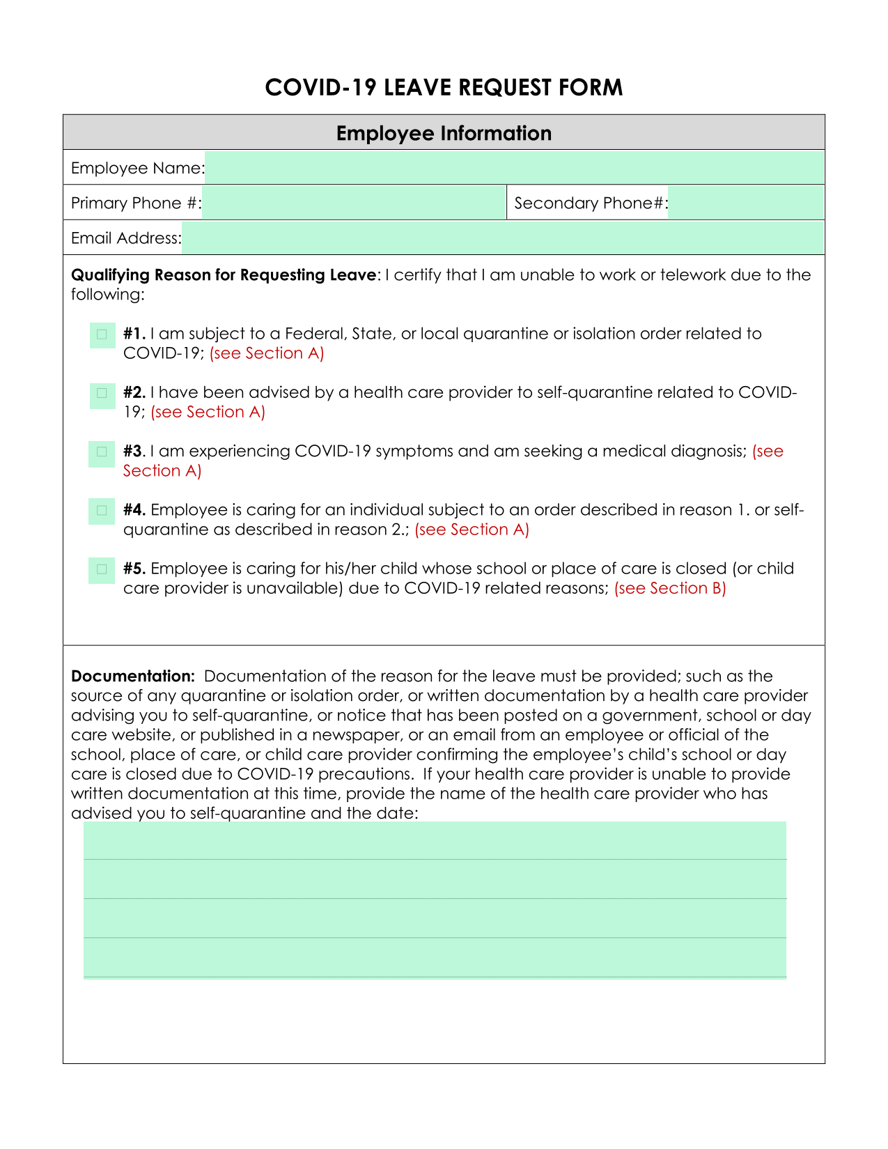 COVID 19 LEAVE REQUEST FORM screenshot