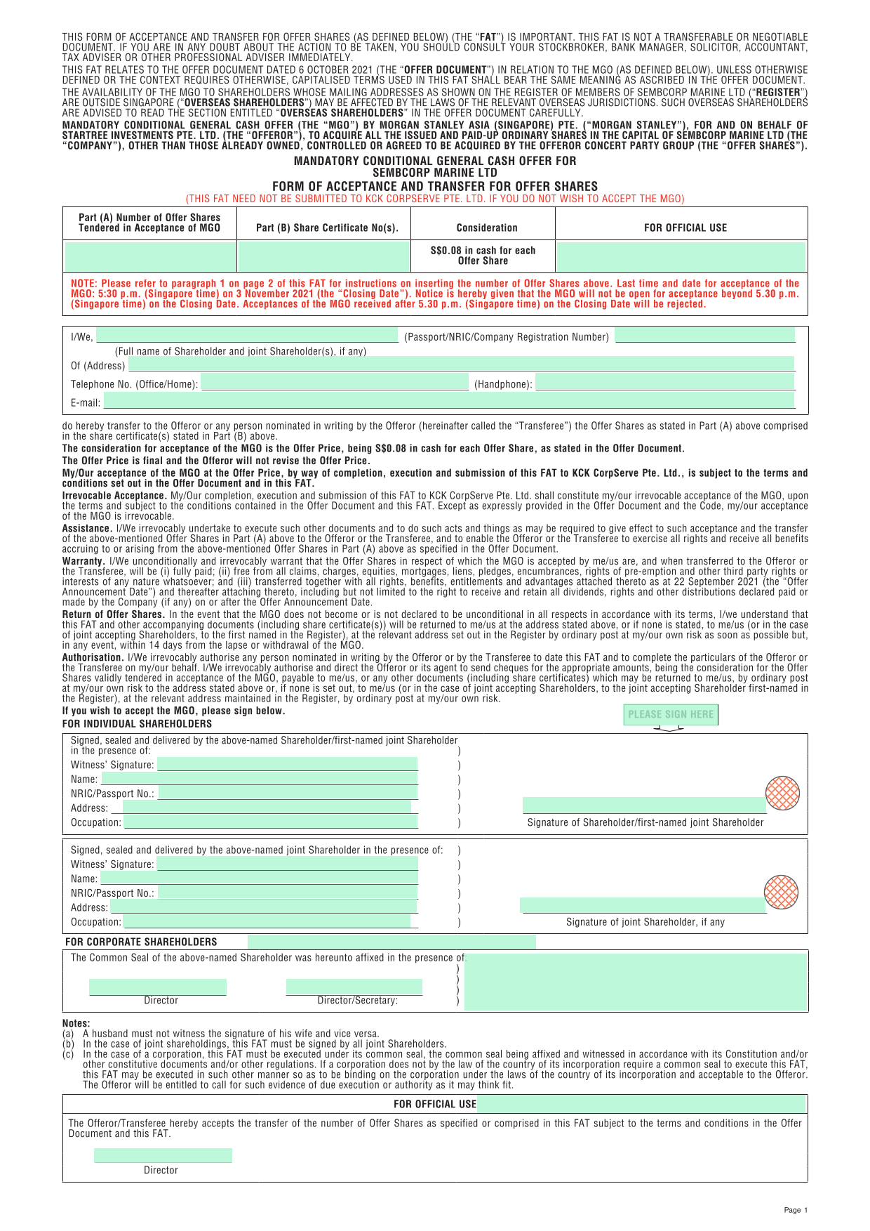 Form Of Acceptance And Transfer For Offer Shares screenshot
