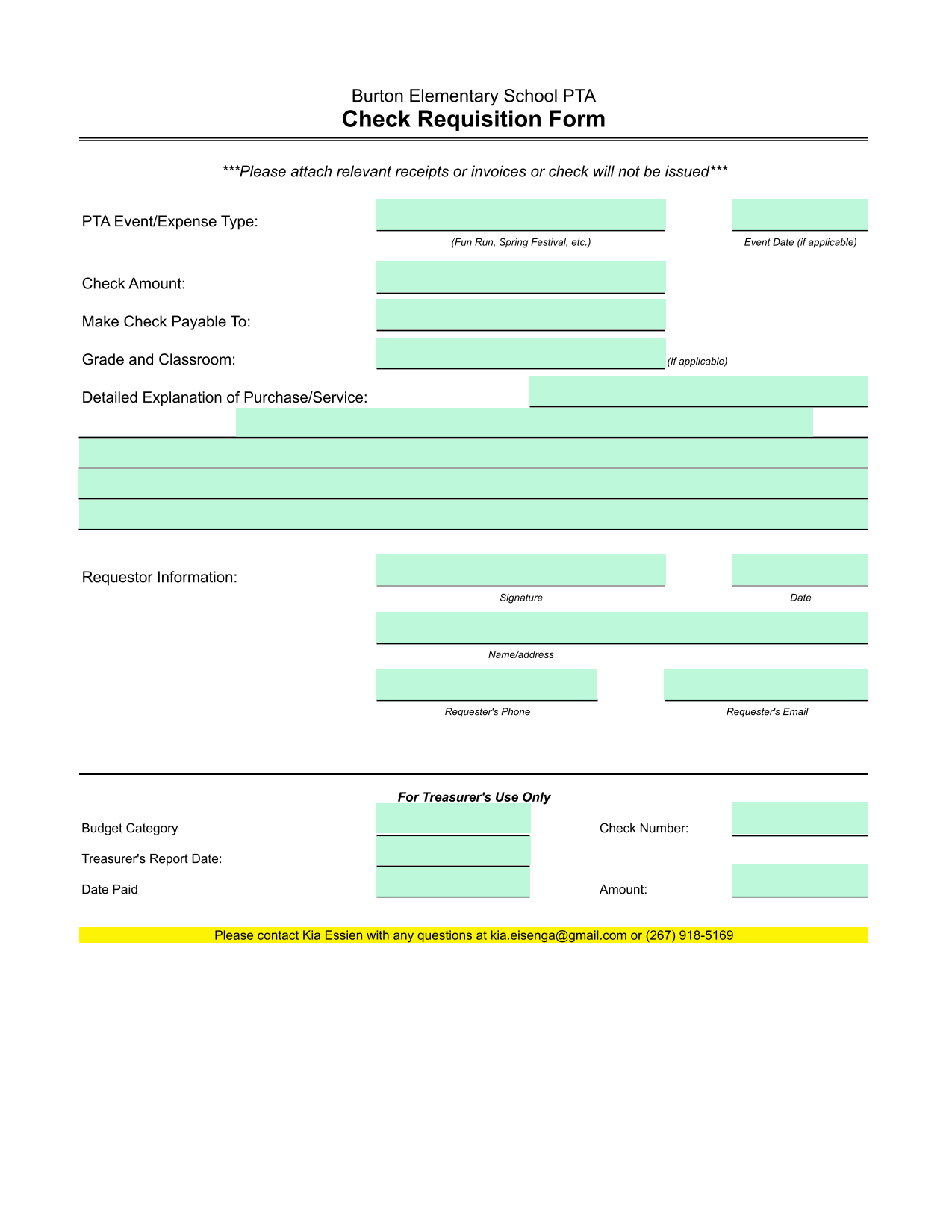 Burton Elementary School PTA Check Requisition Form screenshot