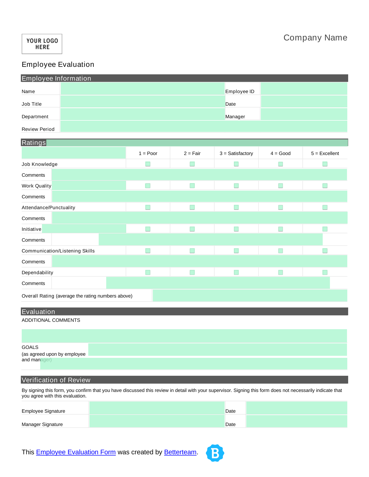 Employee Evaluation Form screenshot