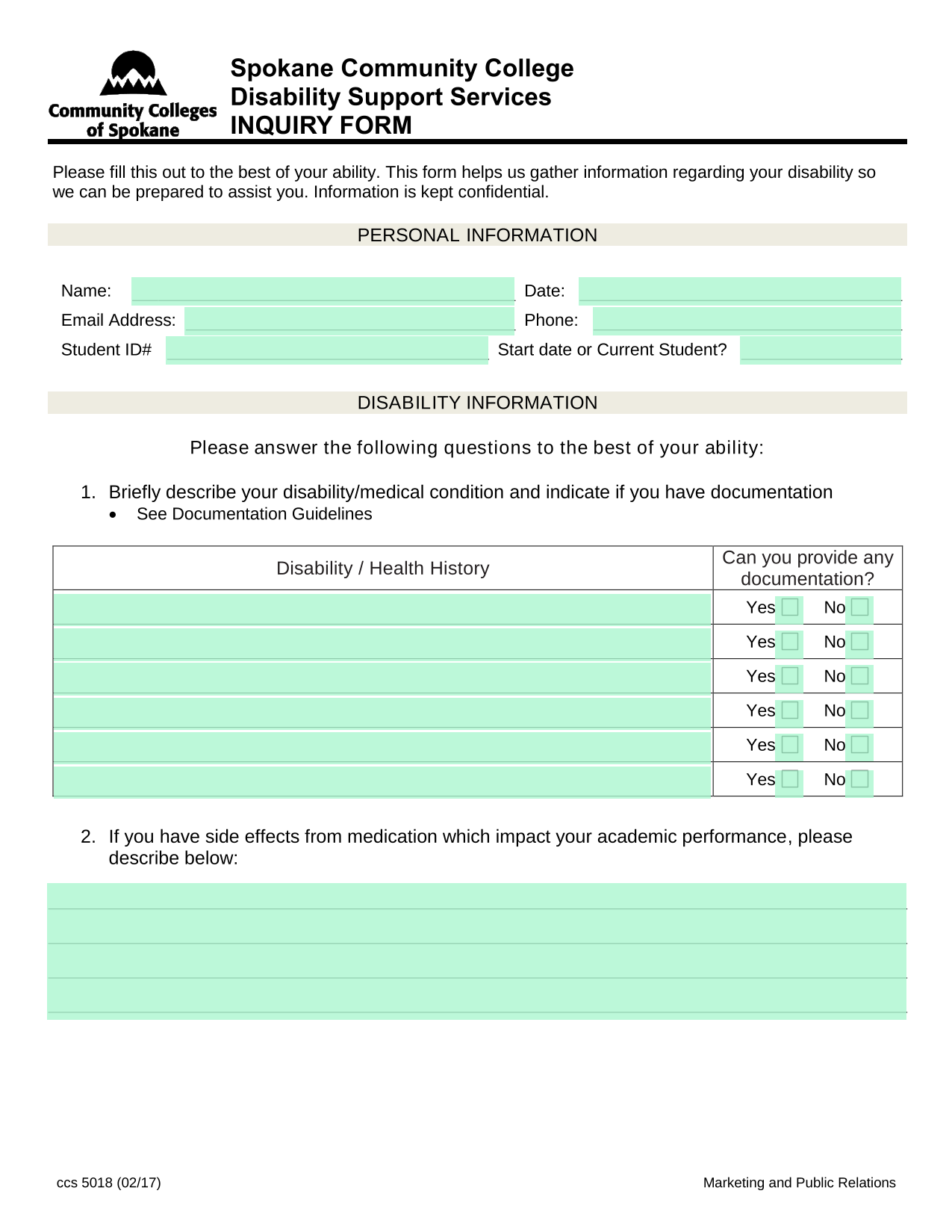 Disability Support Services Inquiry Form screenshot