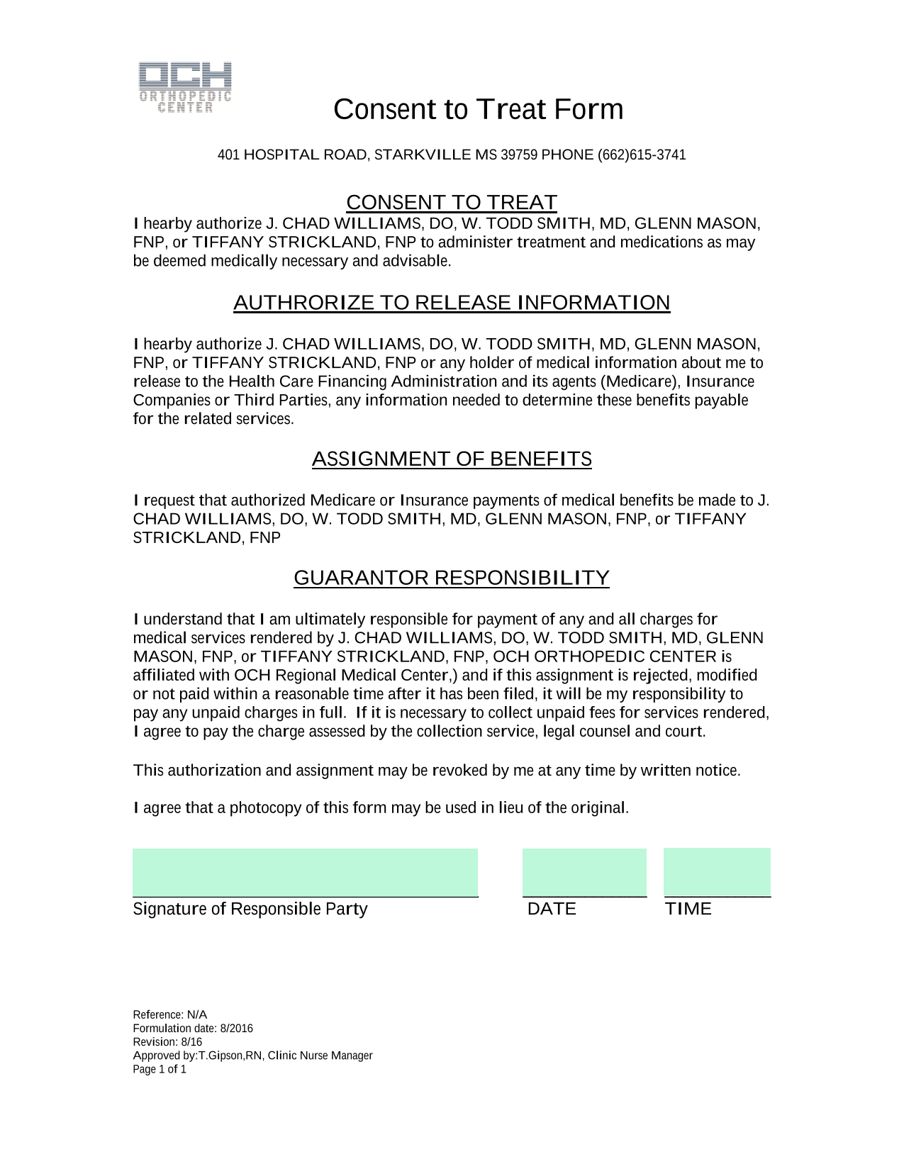 Consent To Treat Form screenshot