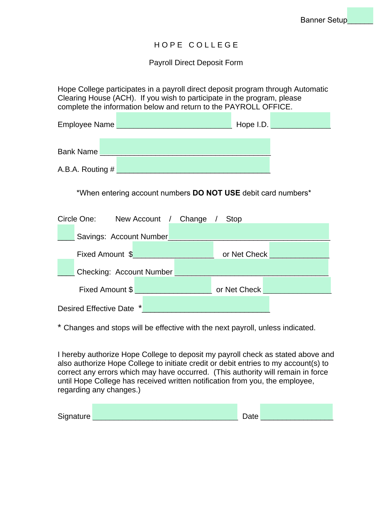 Payroll Direct Deposit Form screenshot