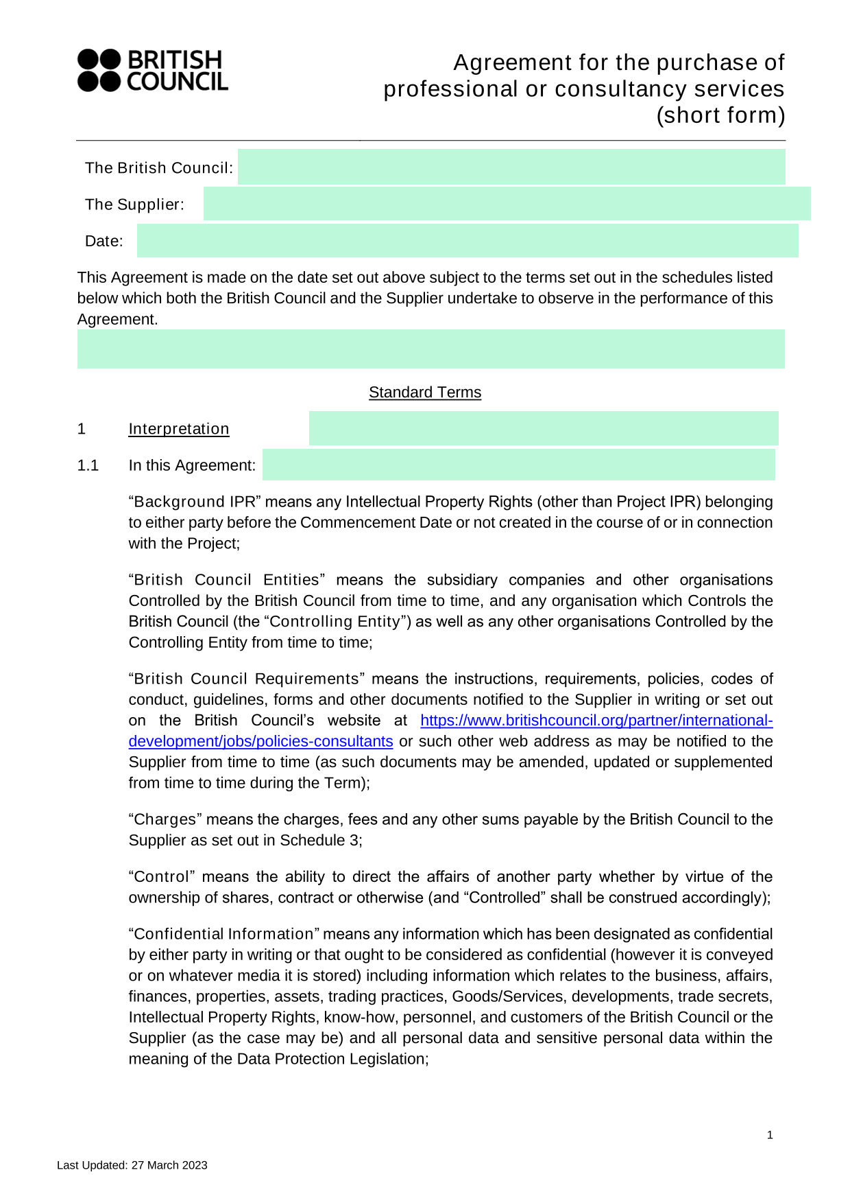 Agreement For The Purchase Of Professional Or Consultancy Services (Short Form) screenshot