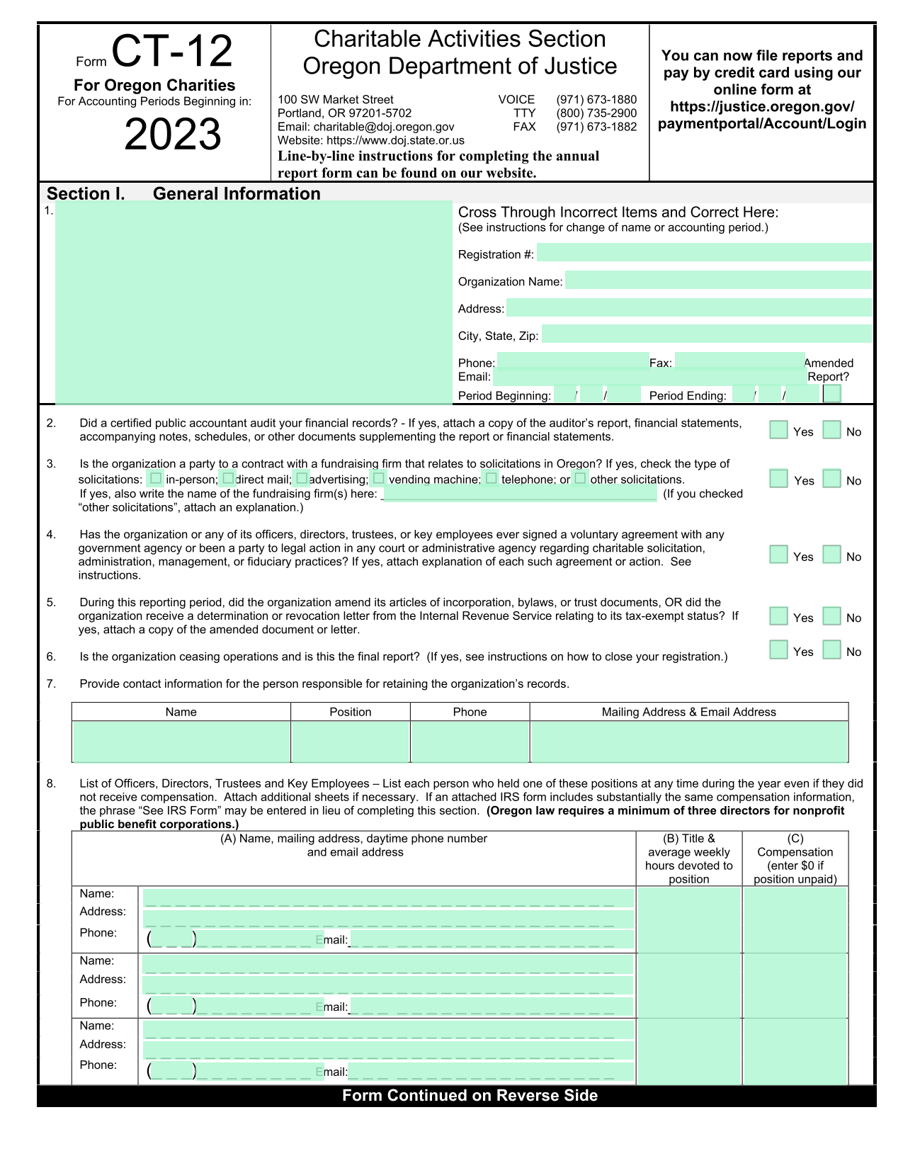 Form CT 12 For Oregon Charities screenshot