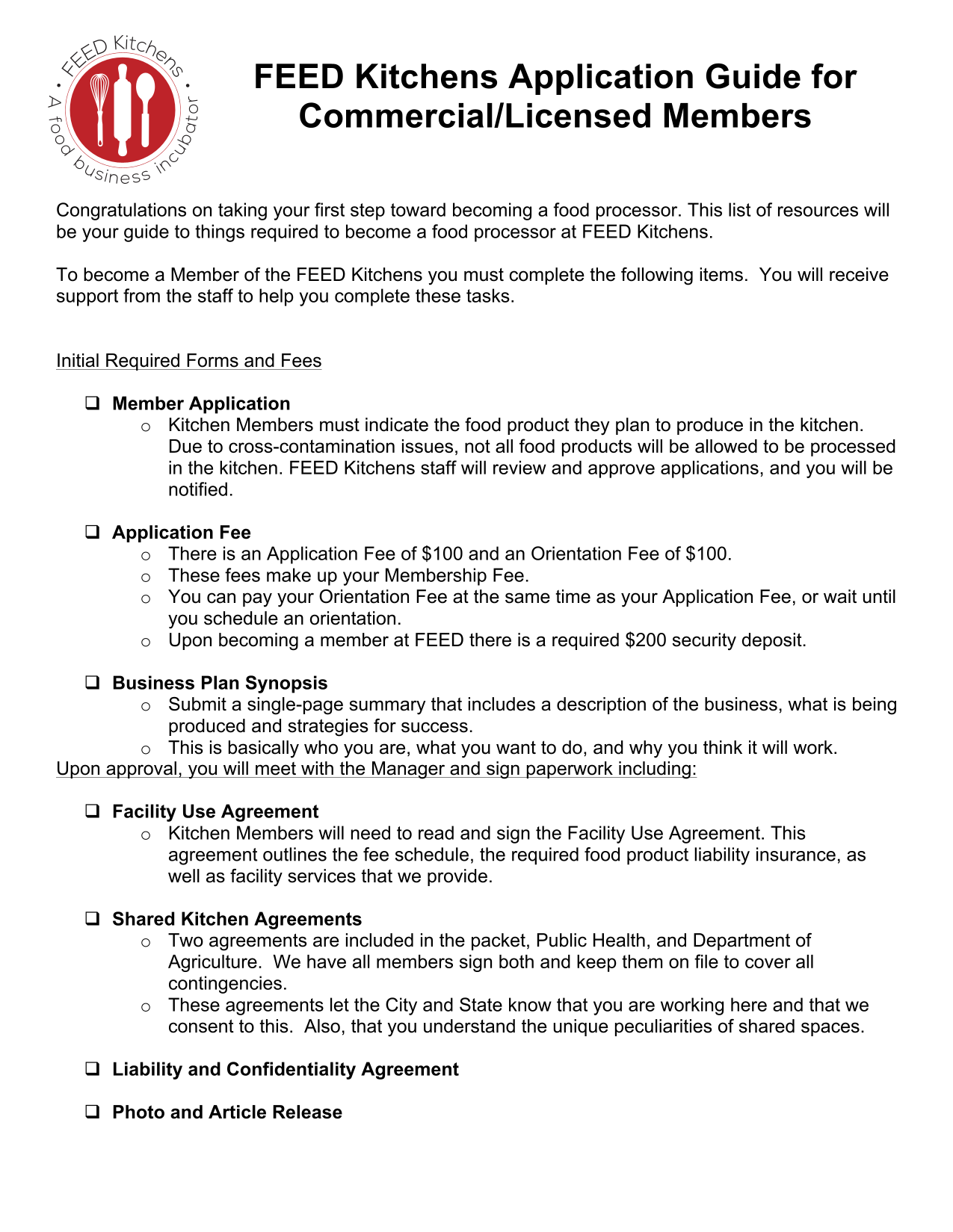 FEED Kitchens Application Guide For CommercialLicensed Members screenshot