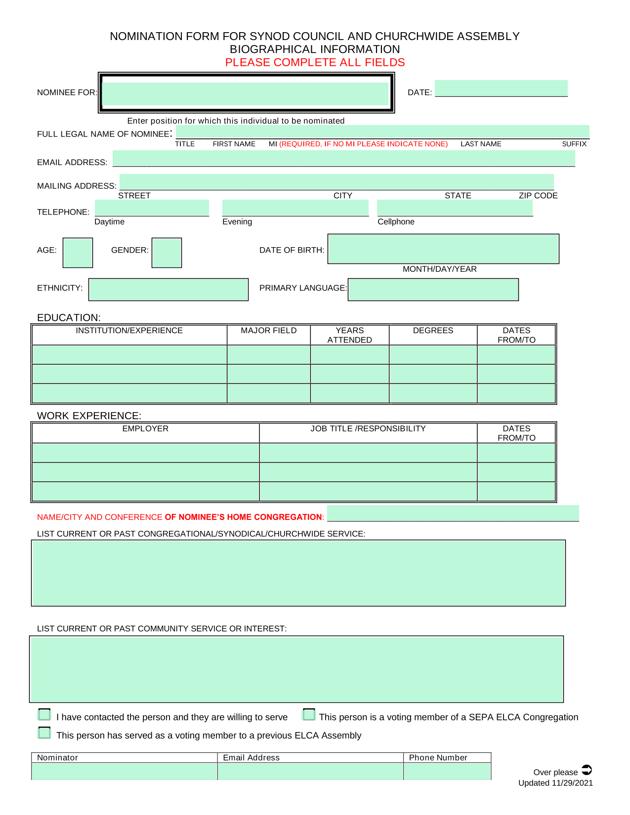 NOMINATION FORM FOR SYNOD COUNCIL AND CHURCHWIDE ASSEMBLY screenshot