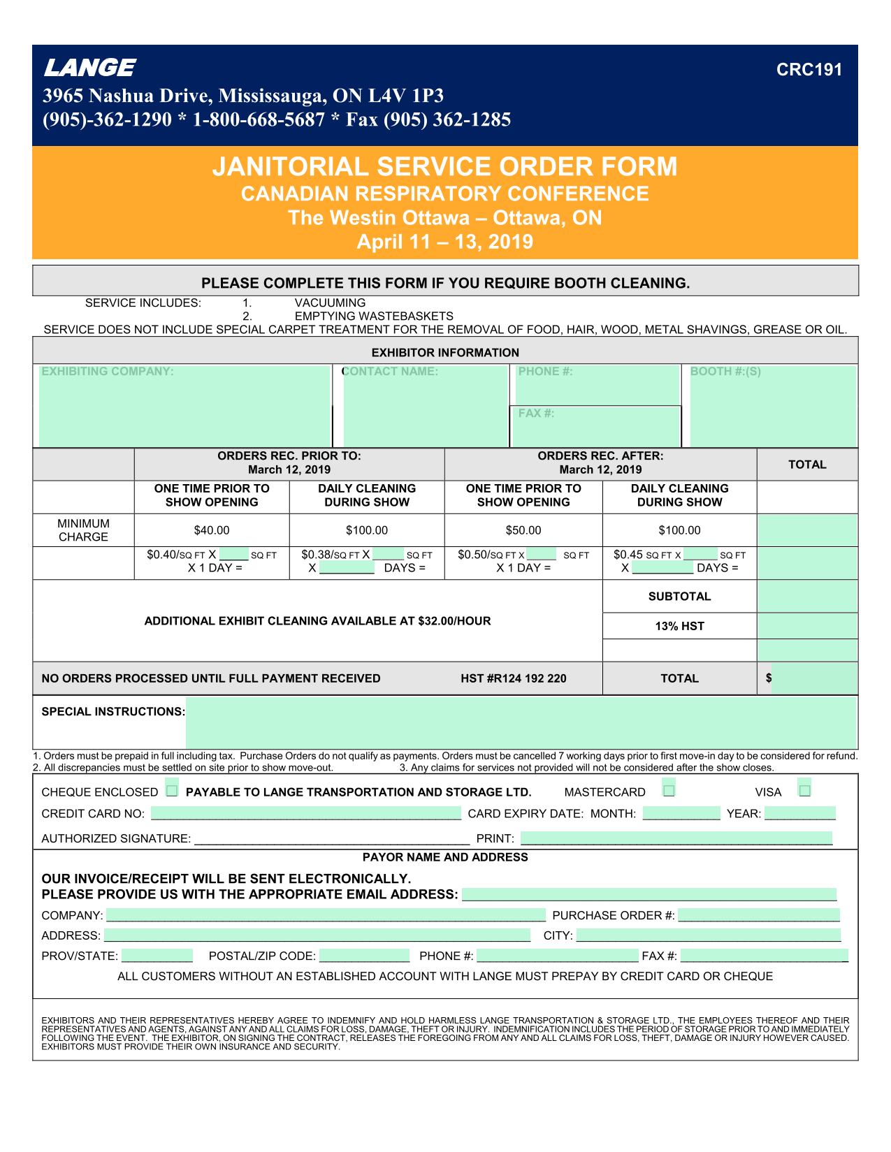 Booth Cleaning Service Order Form screenshot