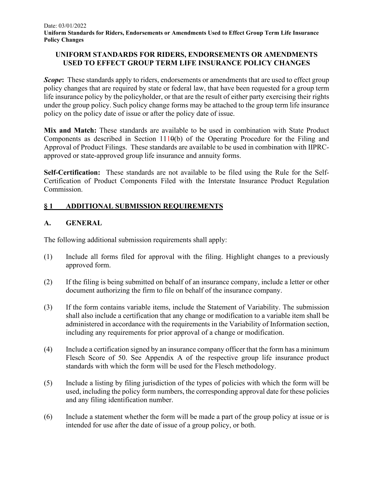 Uniform Standards For Riders, Endorsements Or Amendments Used To Effect Group Term Life Insurance Po screenshot