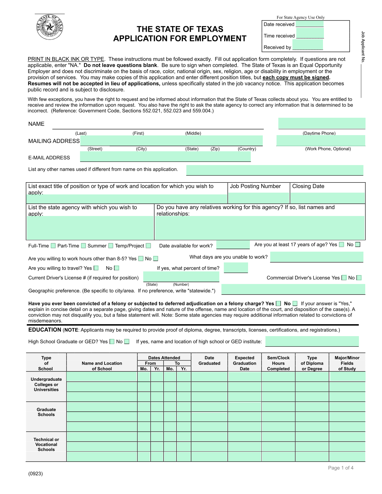 APPLICATION FOR EMPLOYMENT screenshot