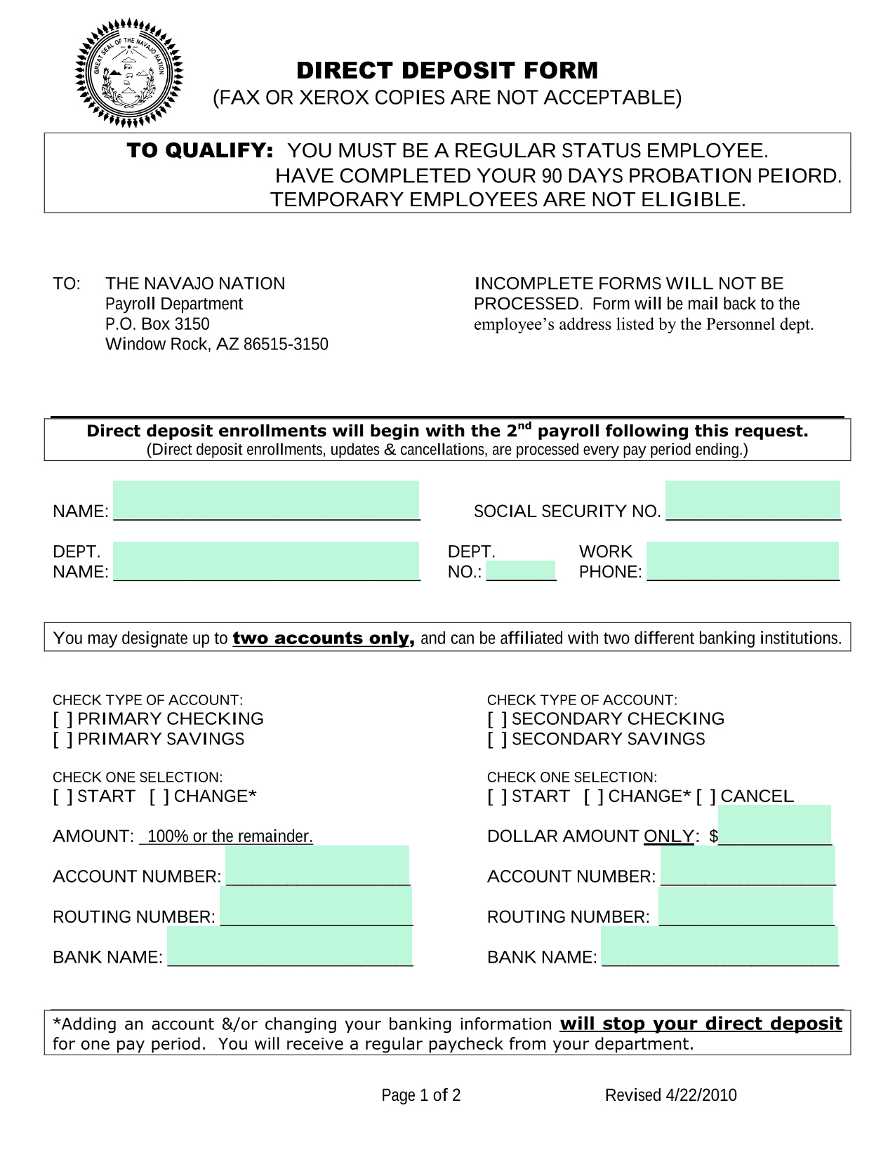 Direct Deposit Form screenshot