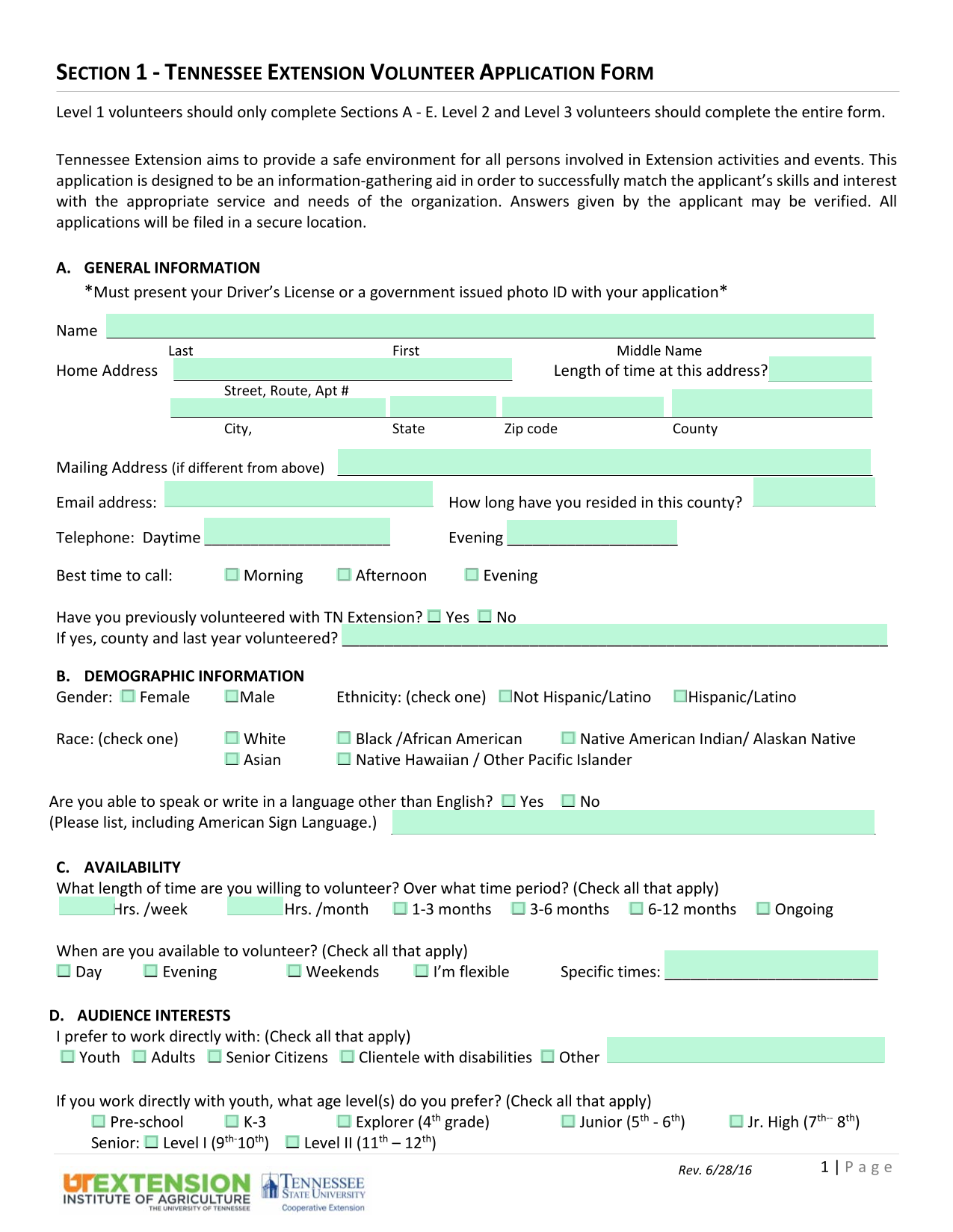 Tennessee Extension Volunteer Application Form screenshot