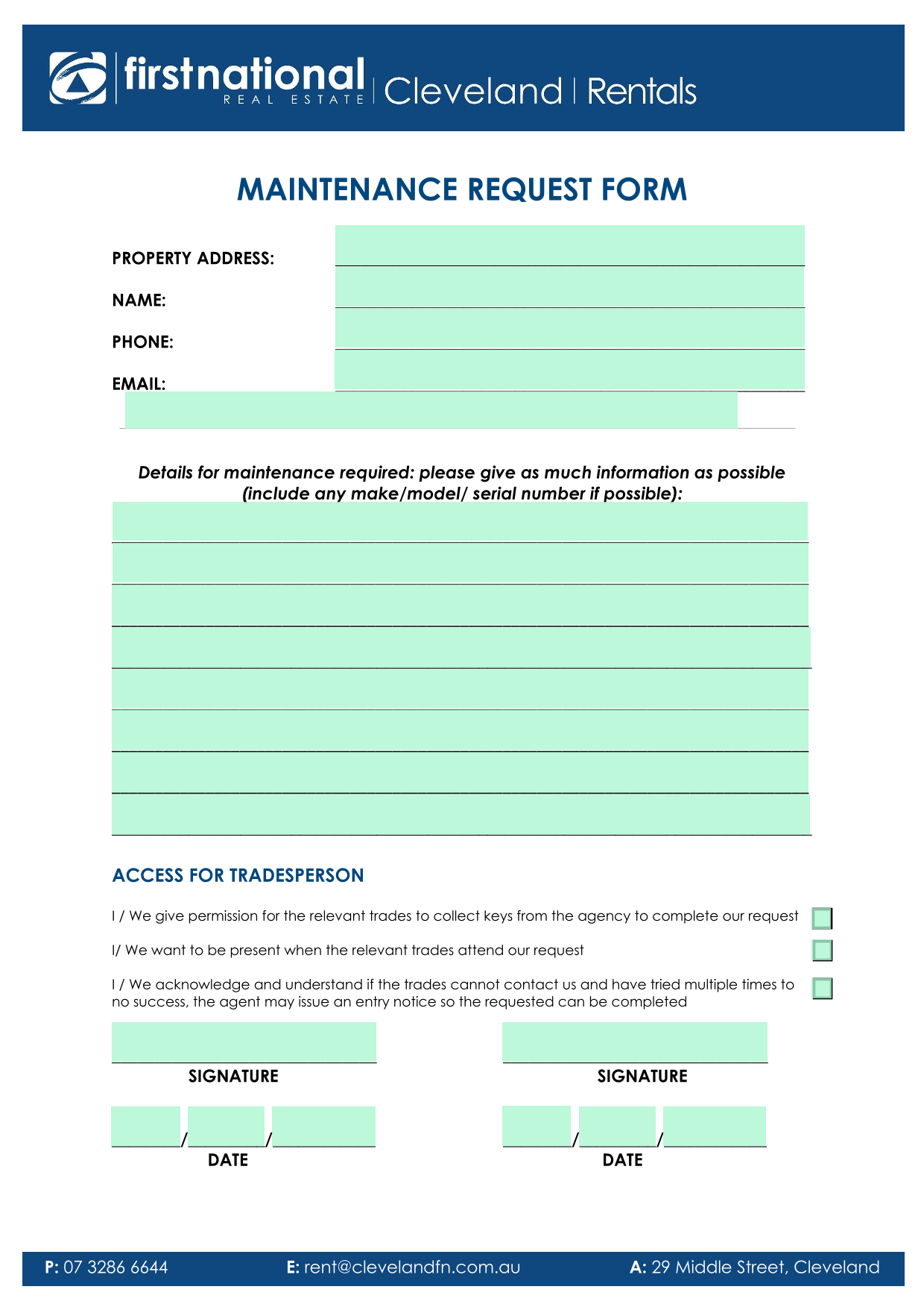 Maintenance Request Form screenshot