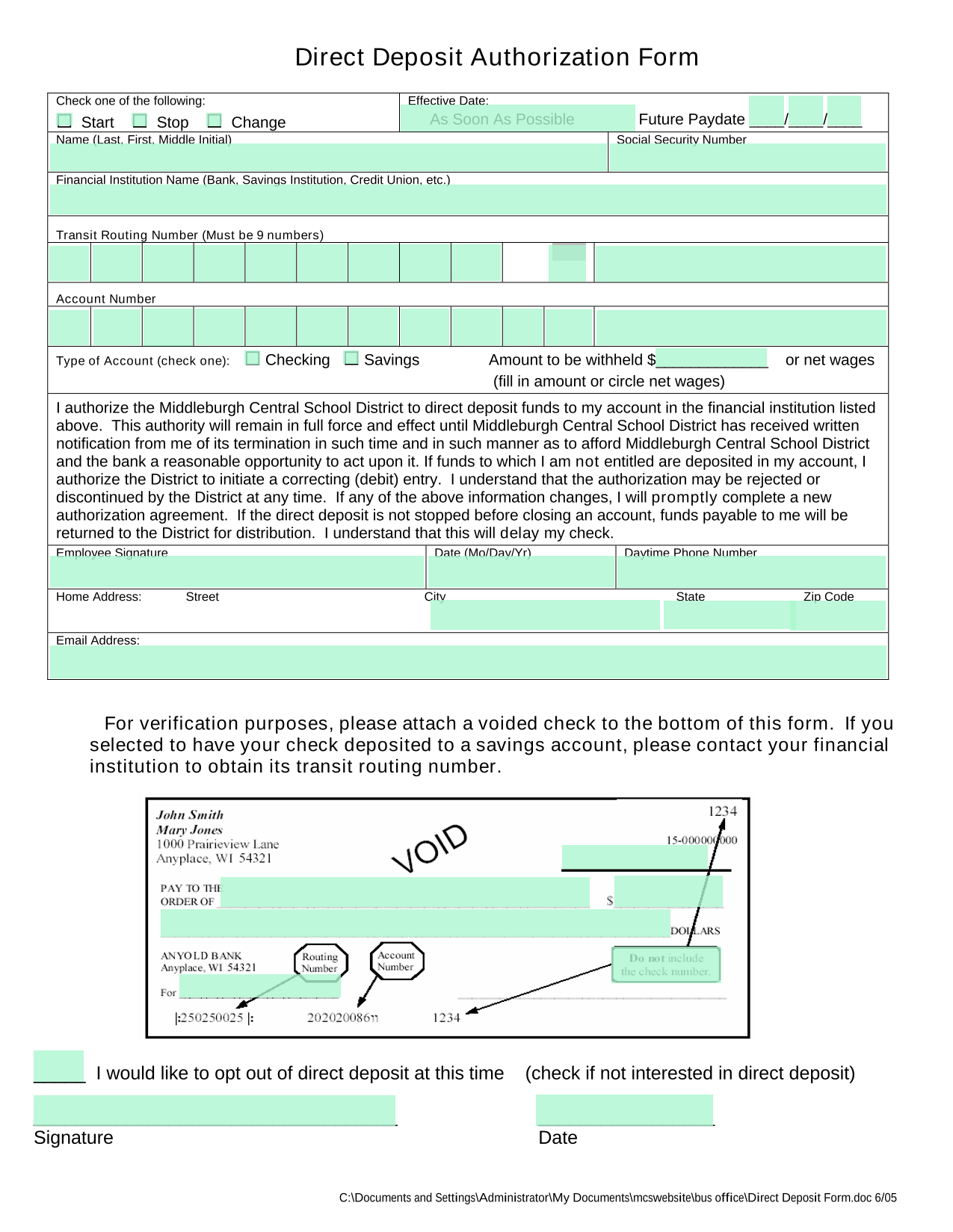 Direct Deposit Authorization Form screenshot