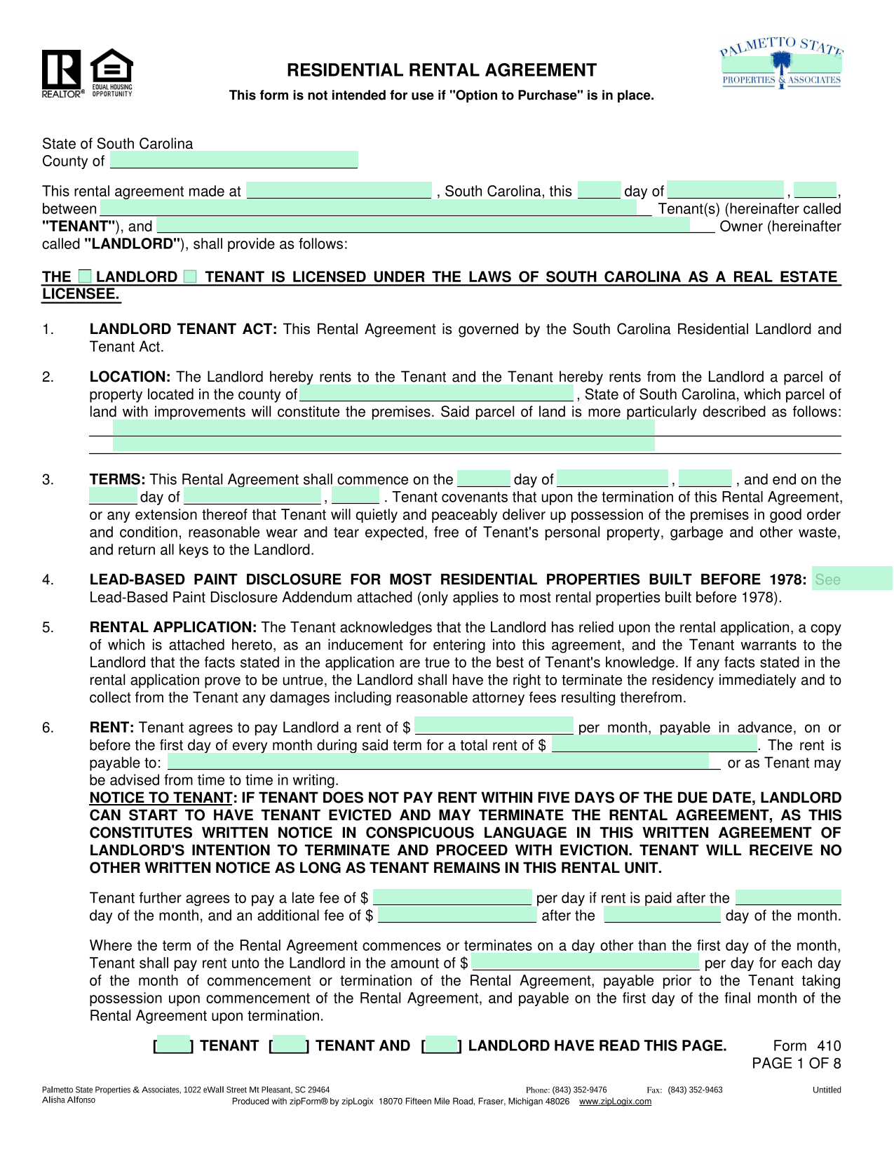 Residential Rental Agreement screenshot