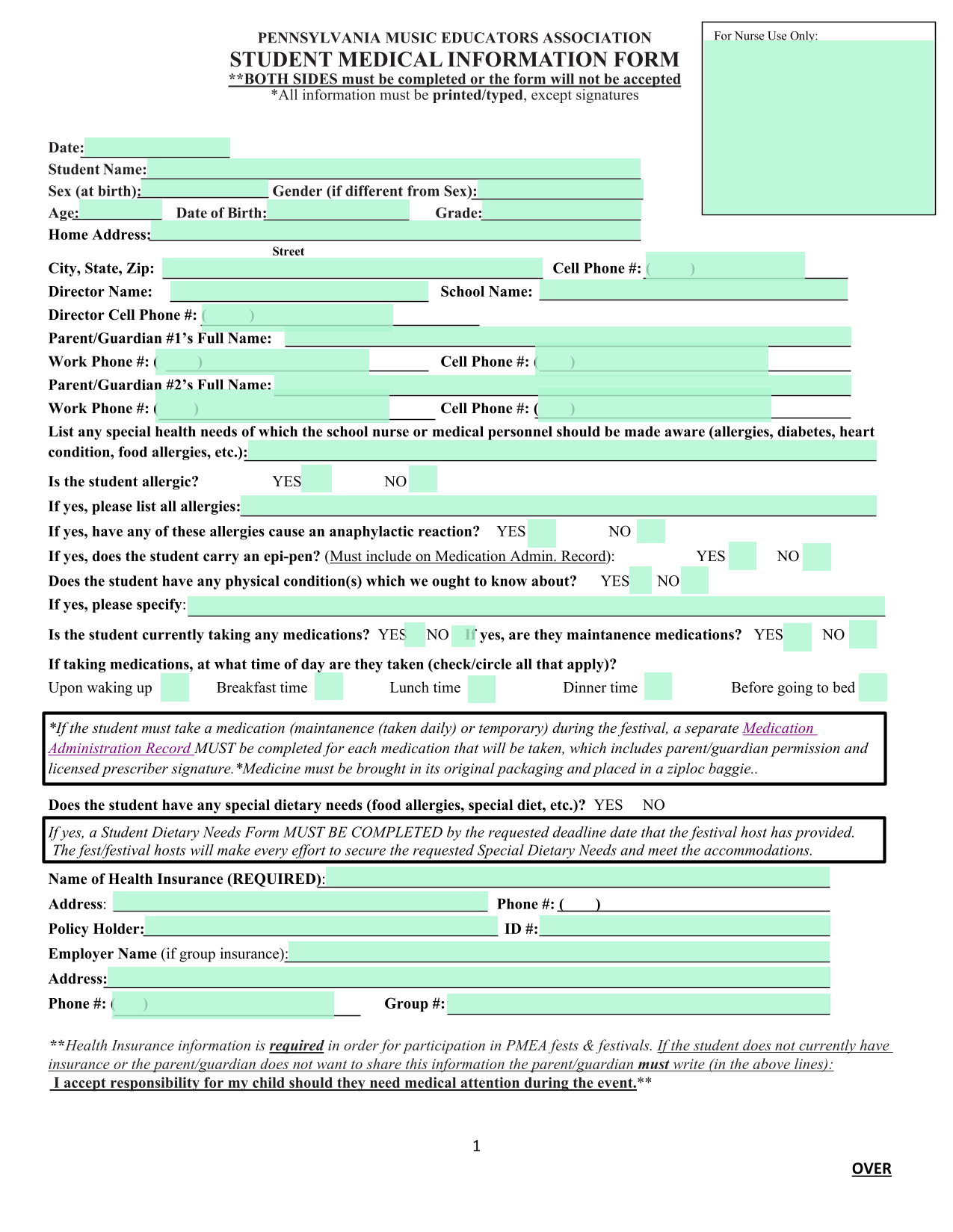 Student Health Information Form screenshot