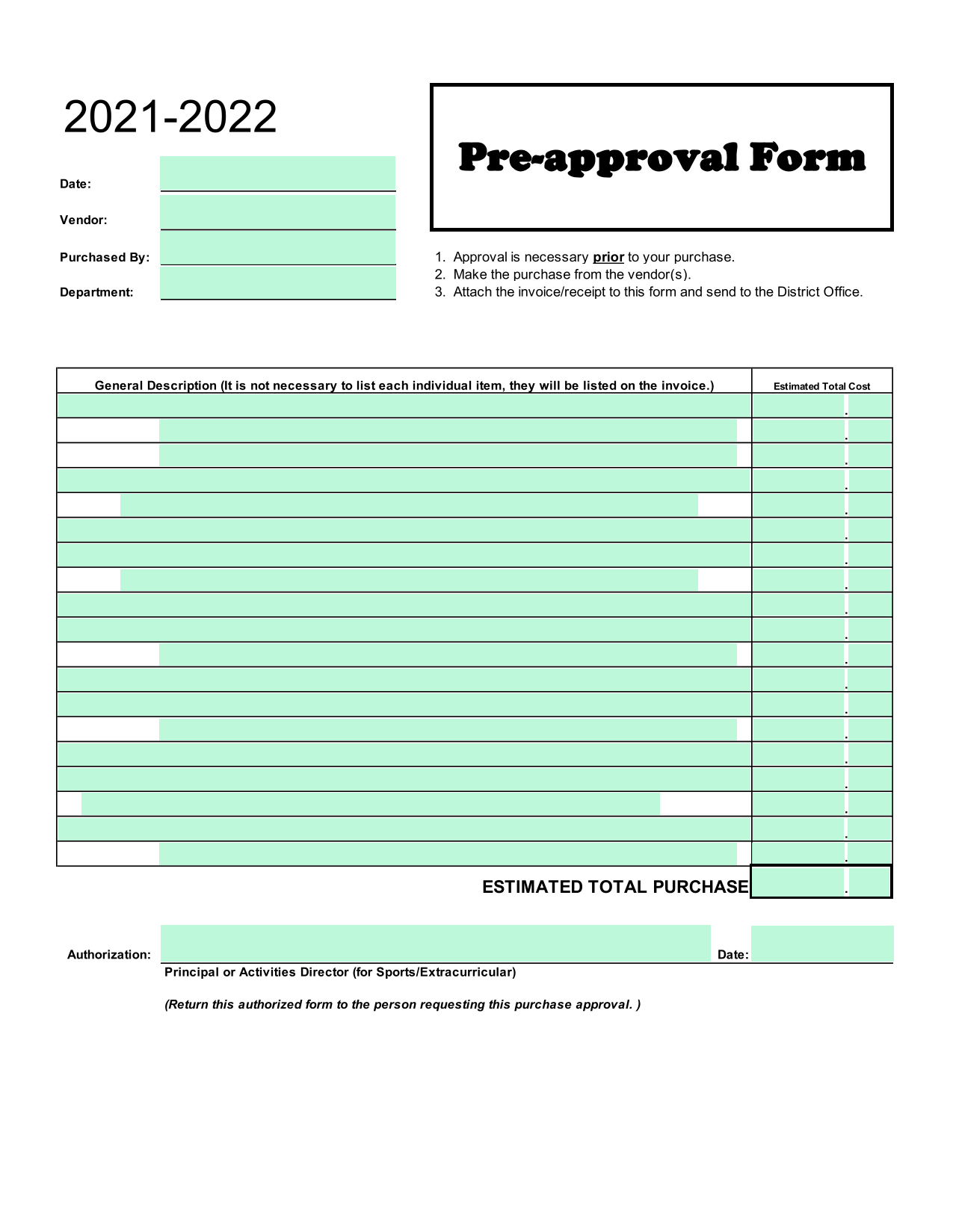 Pre Approval Form screenshot