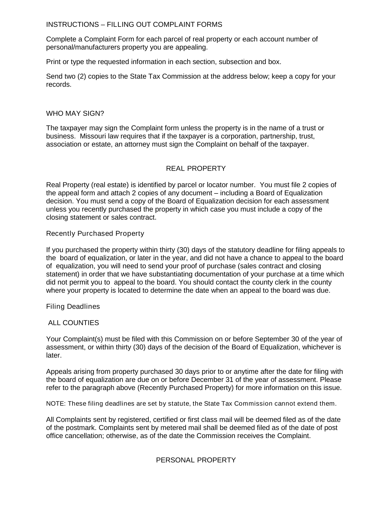 Complaint Form Instructions screenshot