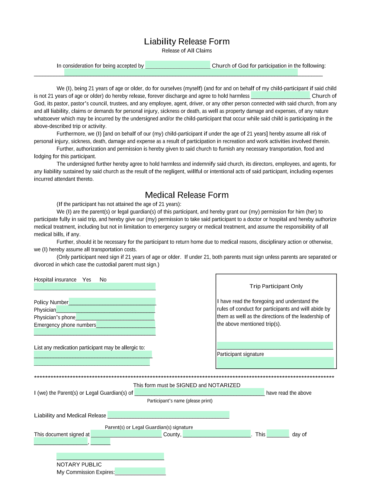 Liability Release Form screenshot